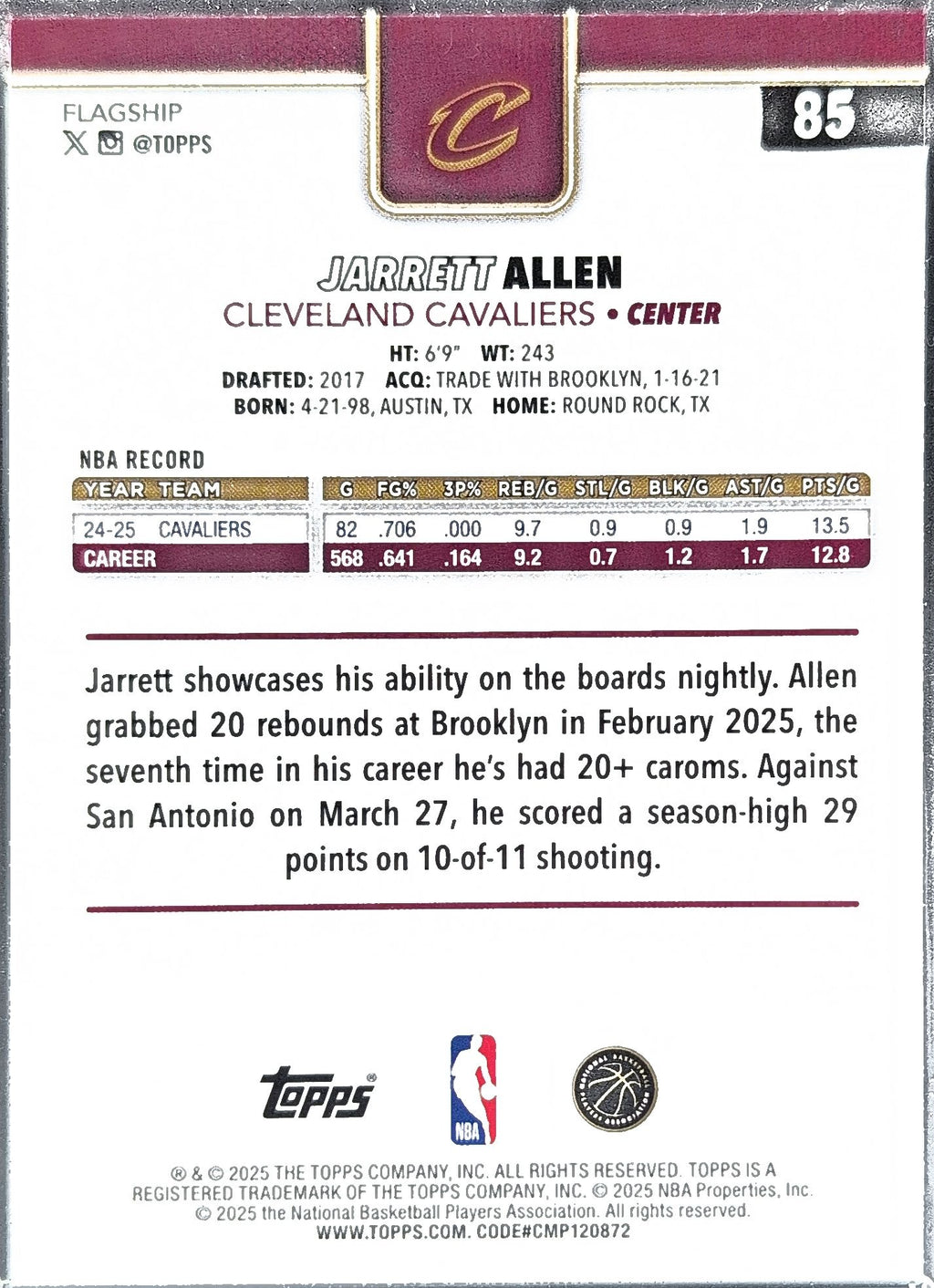 2025-26 Topps Jarrett Allen #85 Cleveland Cavaliers back
