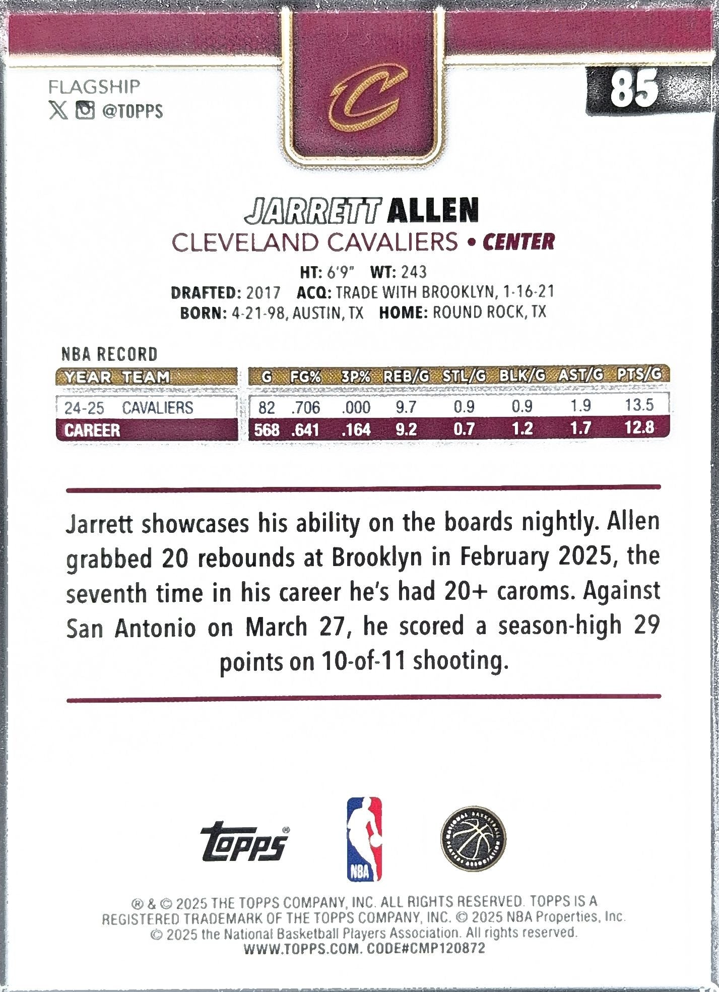 2025-26 Topps Jarrett Allen #85 Cleveland Cavaliers back