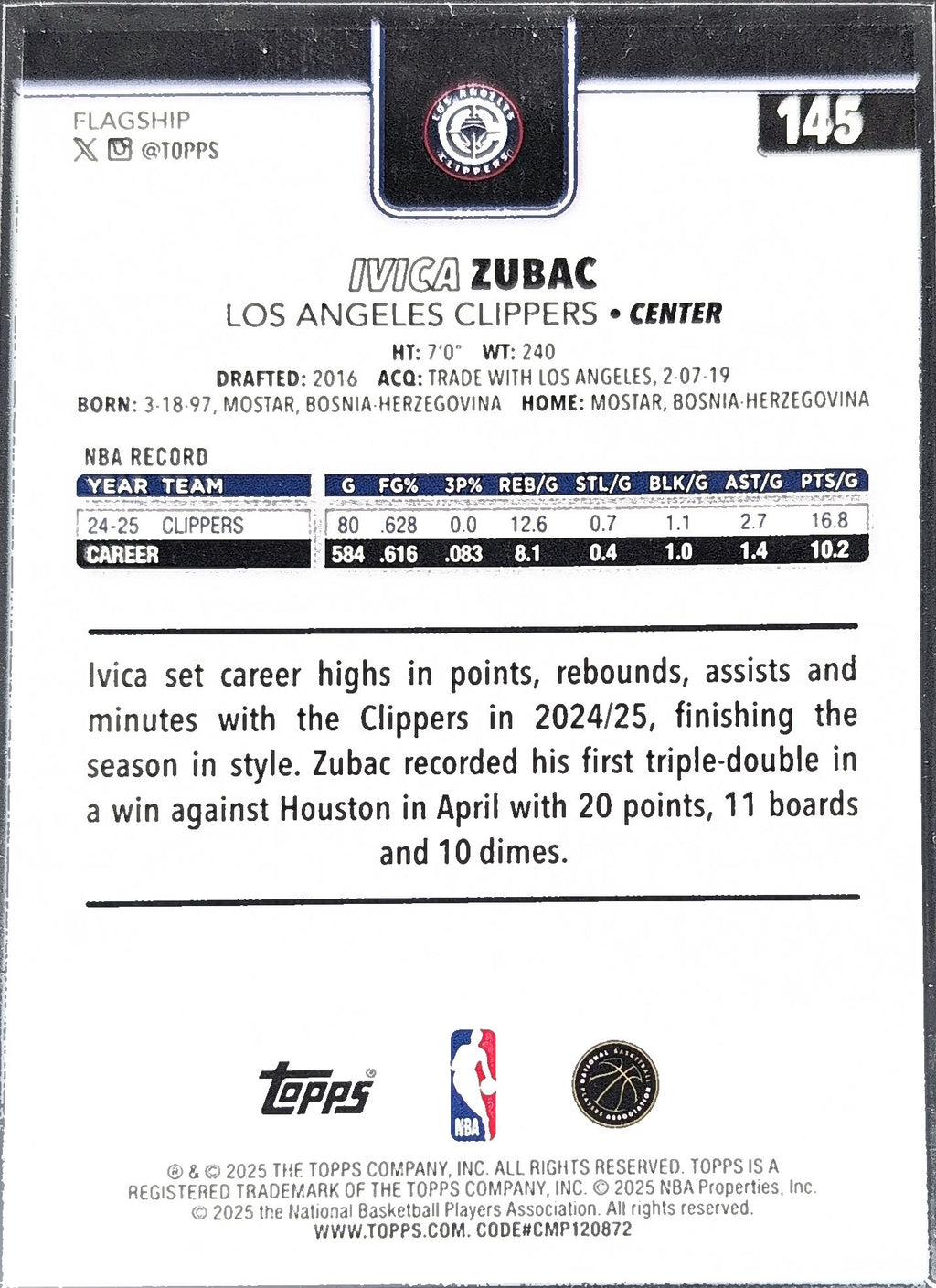 2025-26 Topps Ivica Zubac #145 Los Angeles Clippers back