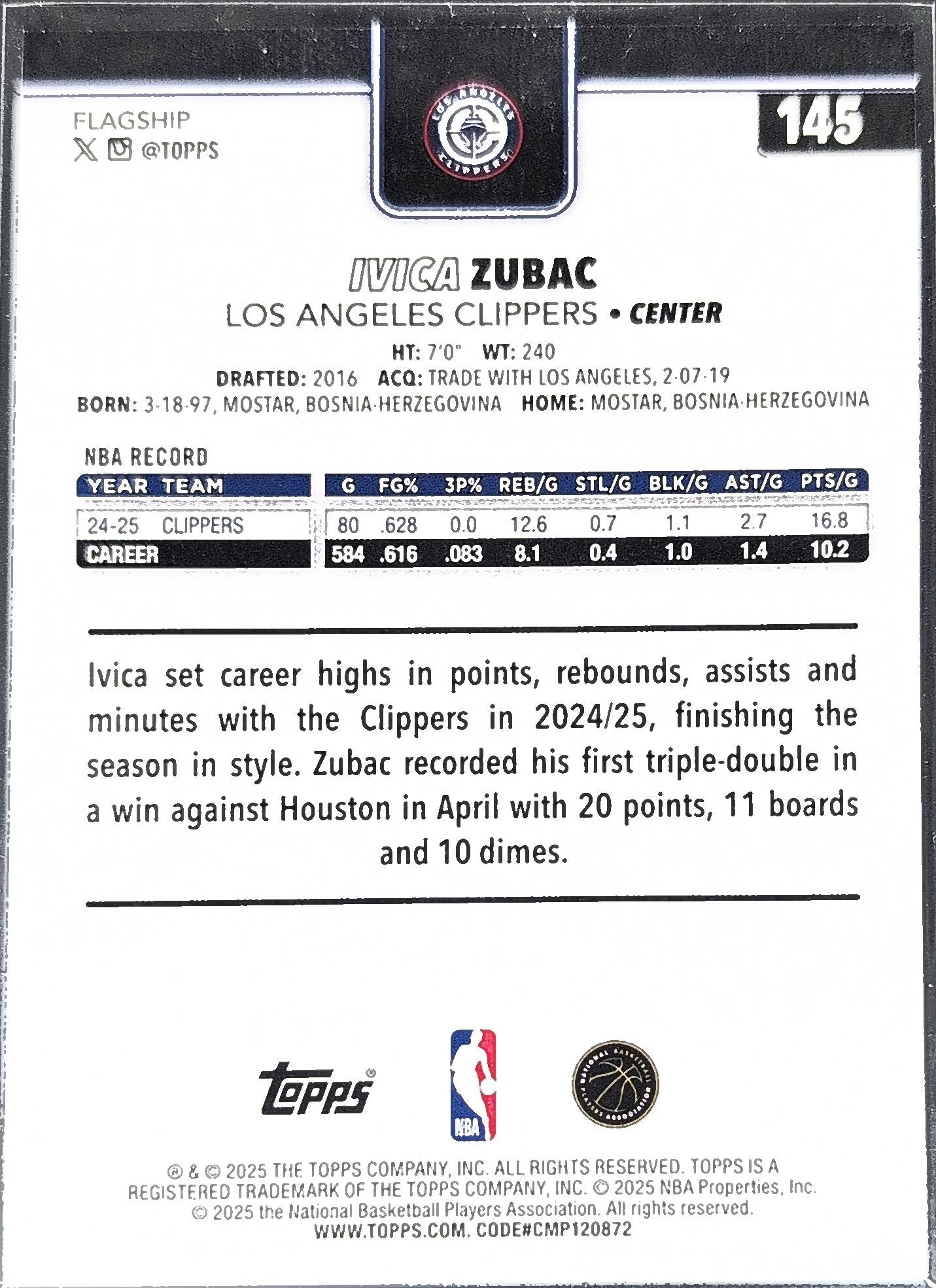 2025-26 Topps Ivica Zubac #145 Los Angeles Clippers back