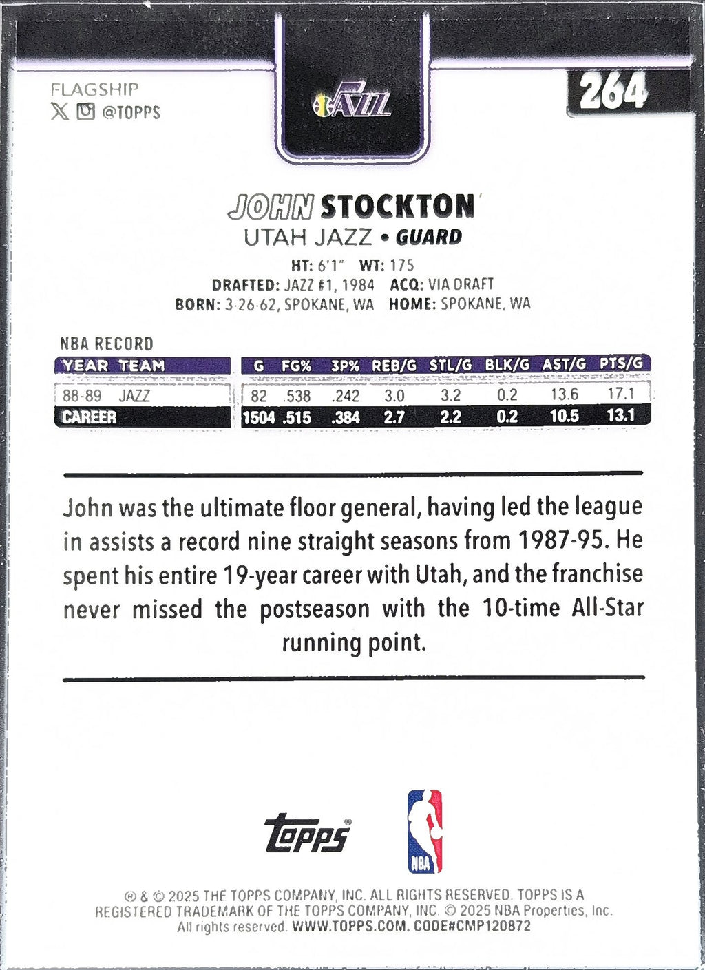2025-26 Topps John Stockton #264 Utah Jazz back