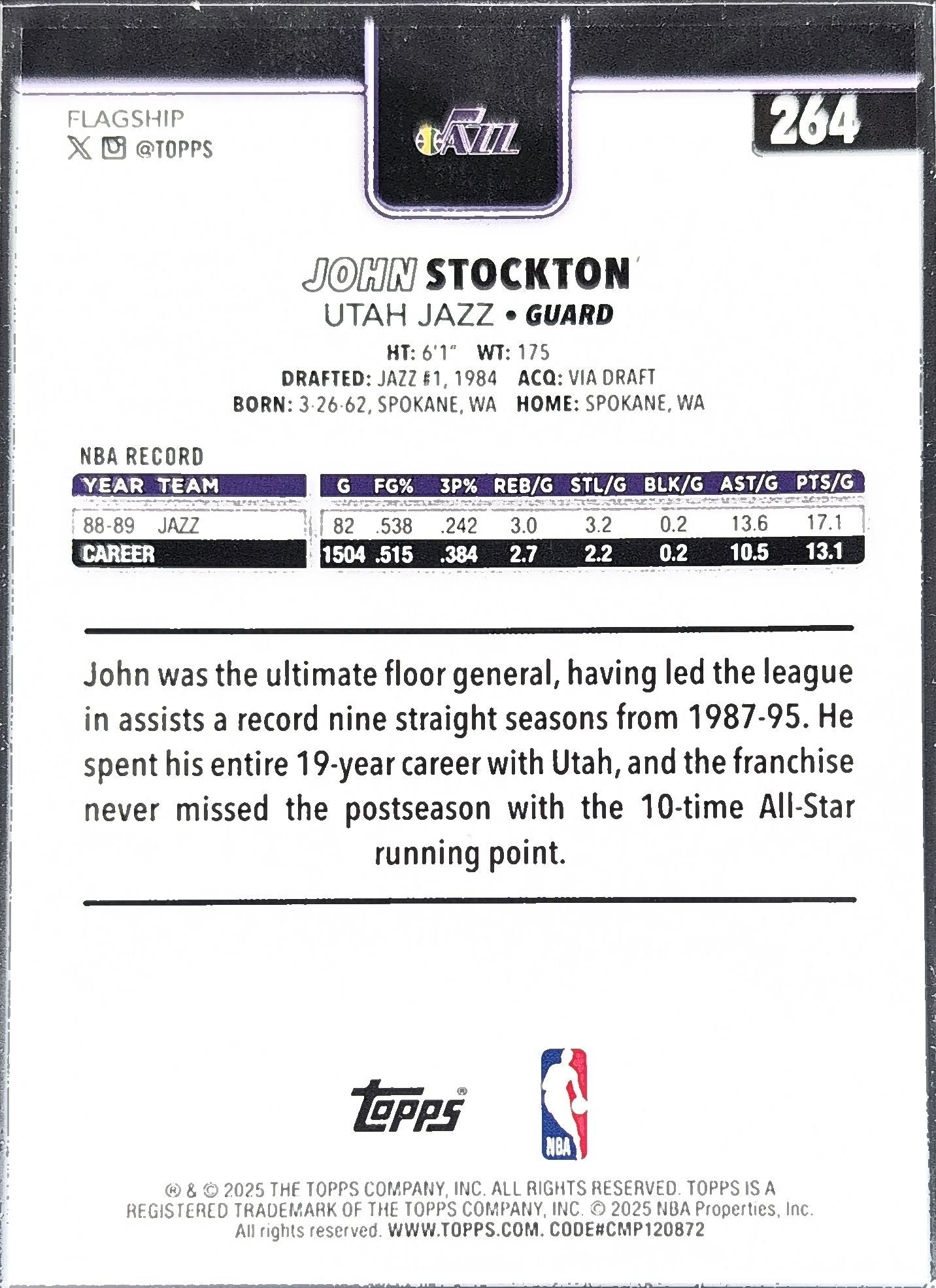 2025-26 Topps John Stockton #264 Utah Jazz back