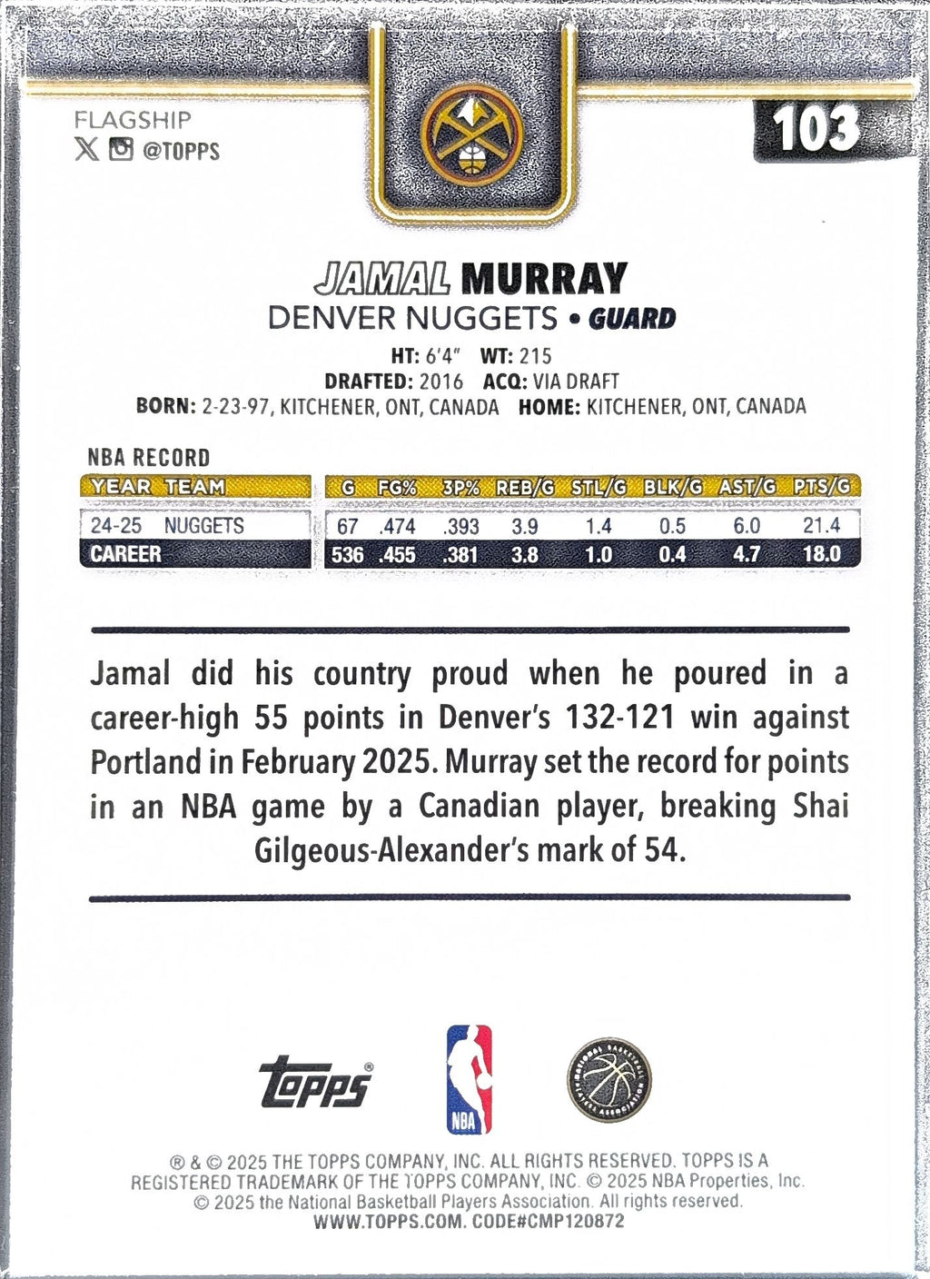 Jamal Murray 2025-26 Topps #103 Denver Nuggets