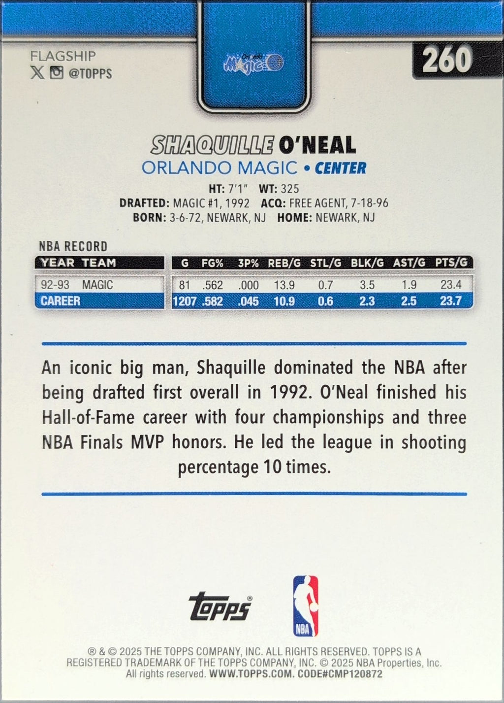2025-26 Topps Shaquille O'Neal #260 Orlando Magic back