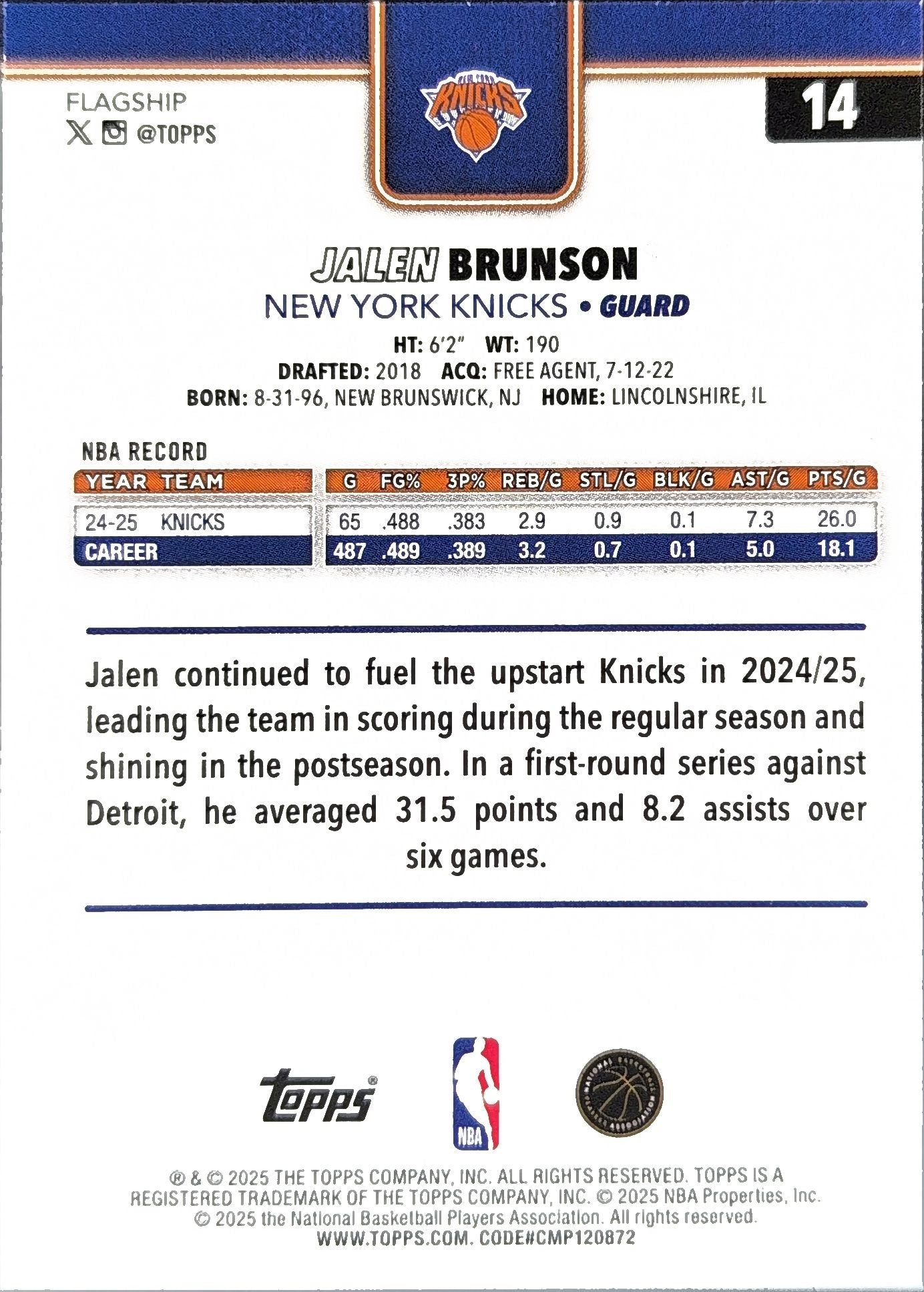 2025-26 Topps Jalen Brunson #14b New York Knicks back