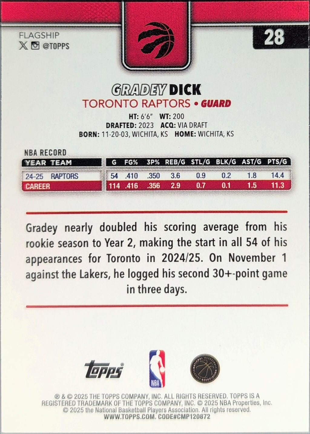 2025-26 Topps Gradey Dick #28 Toronto Raptors back