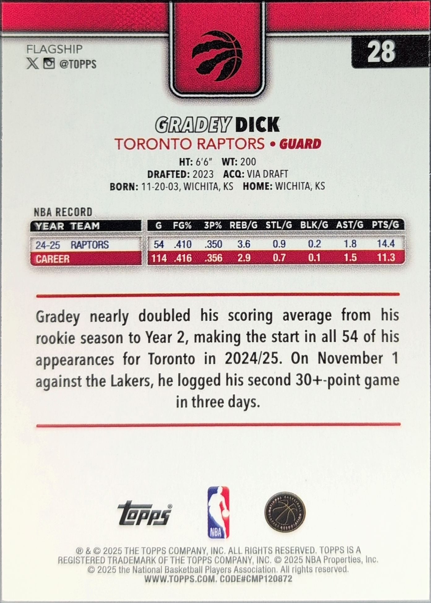 2025-26 Topps Gradey Dick #28 Toronto Raptors back