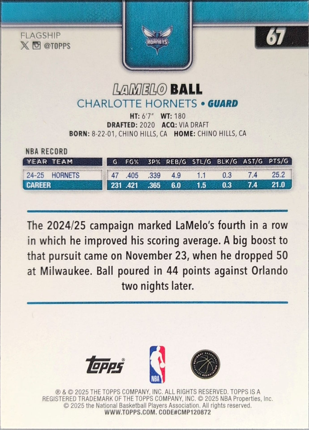 2025-26 Topps LaMelo Ball #67 Charlotte Hornets back