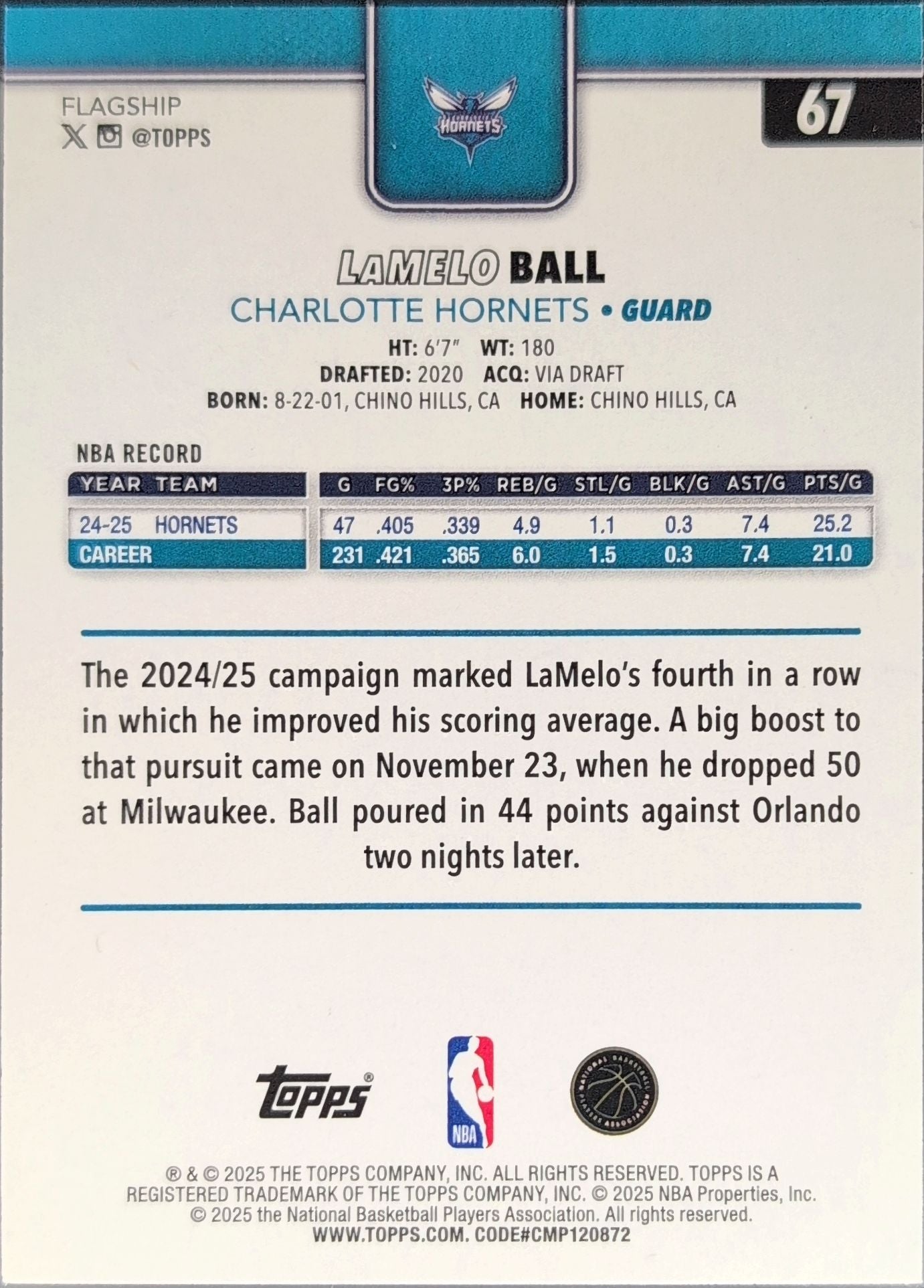 2025-26 Topps LaMelo Ball #67 Charlotte Hornets back