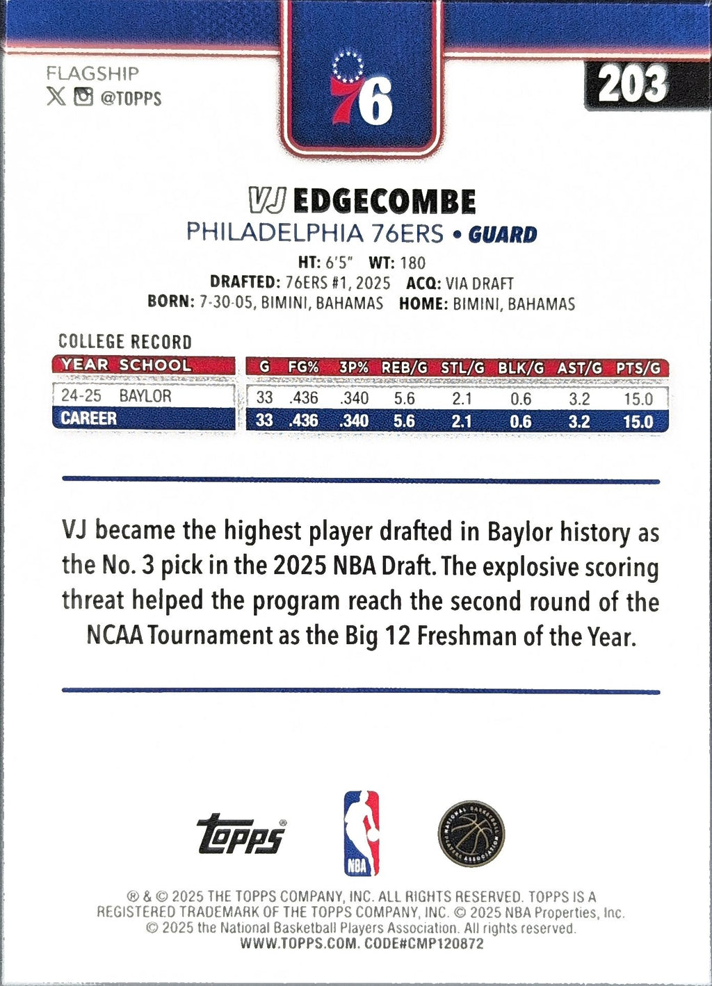 2025-26 Topps Rip Night VJ Edgecombe #BK23 Philadelphia 76ers back