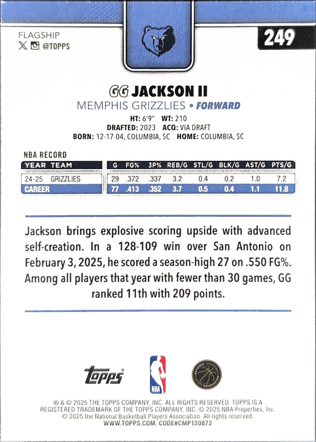 2025-26 Topps GG Jackson II #249 Memphis Grizzlies back