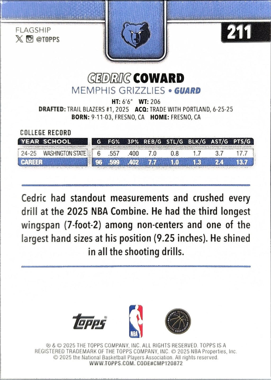2025-26 Topps Cedric Coward #211 Season Tip Off RC Memphis Grizzlies back