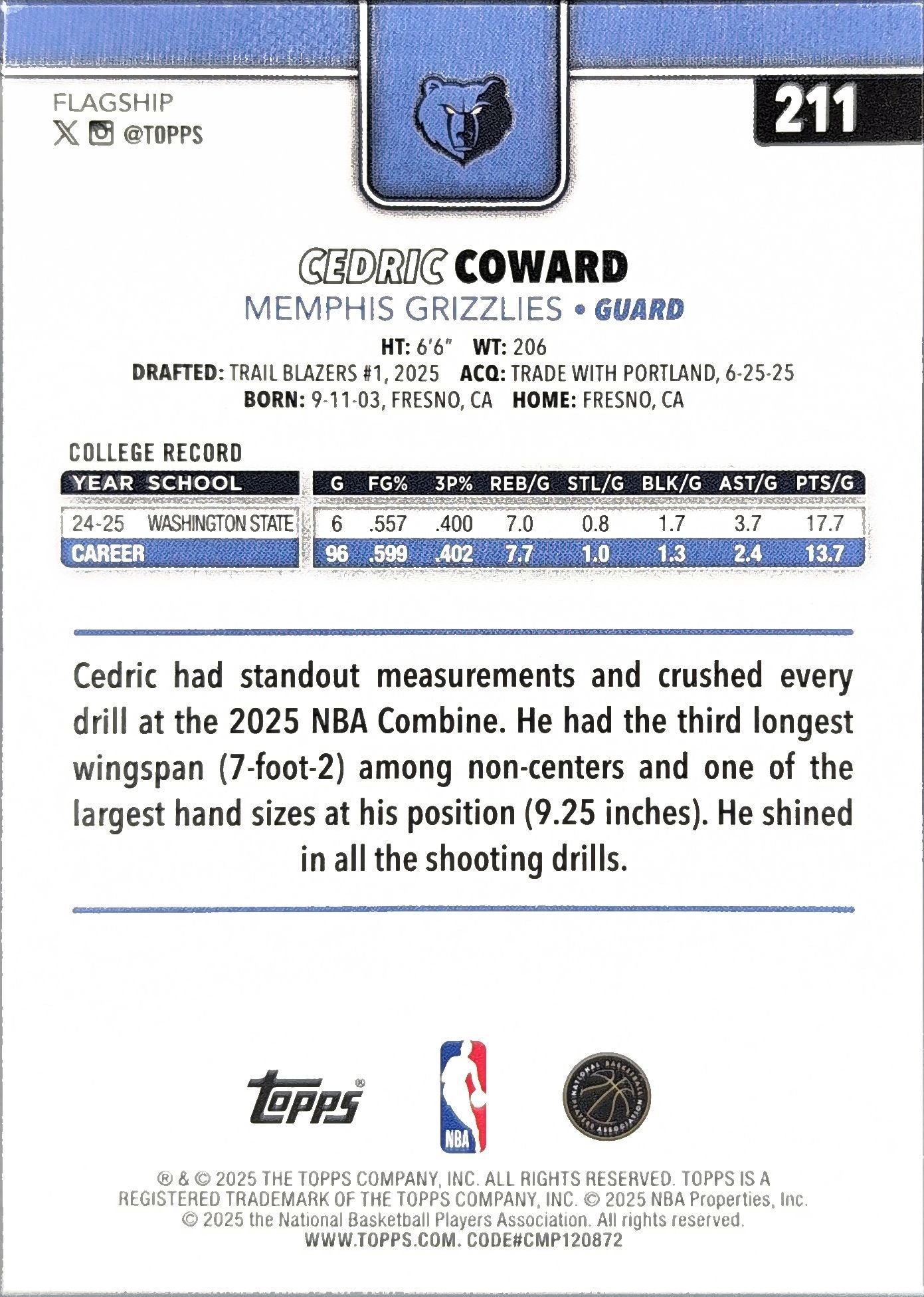 2025-26 Topps Cedric Coward #211 Season Tip Off RC Memphis Grizzlies back