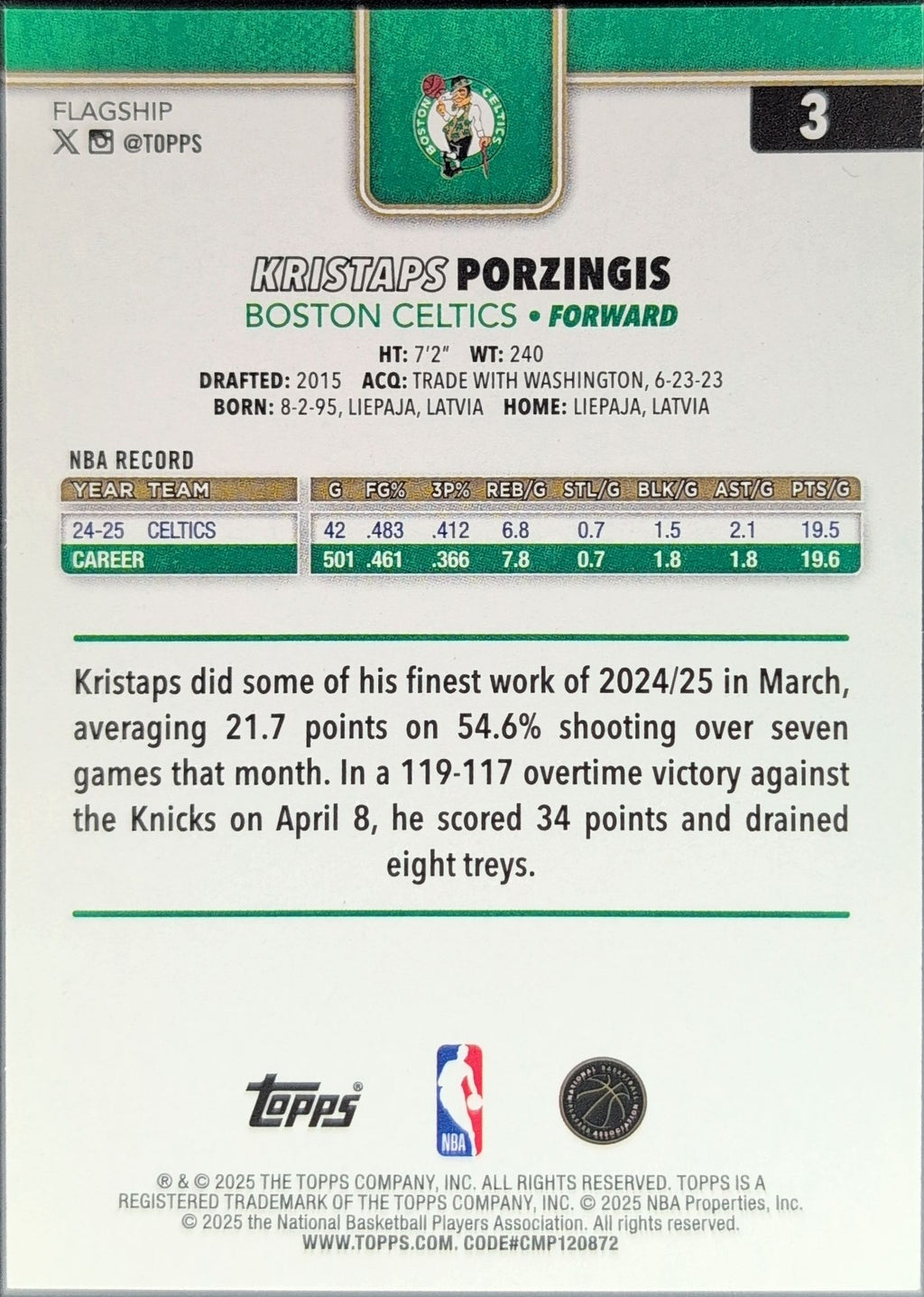 2025-26 Topps Kristaps Porzingis #3 Boston Celtics back