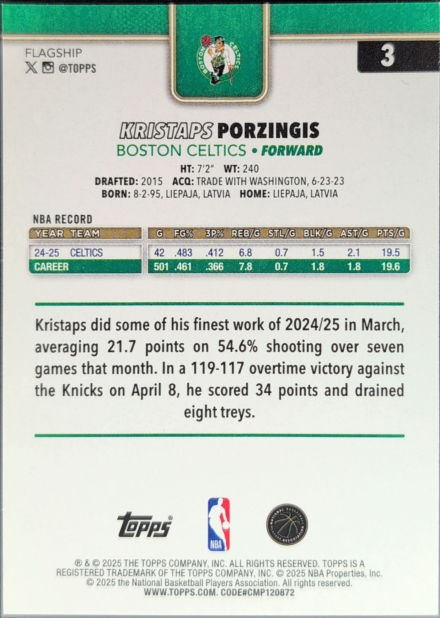 2025-26 Topps Kristaps Porzingis #3 Boston Celtics back