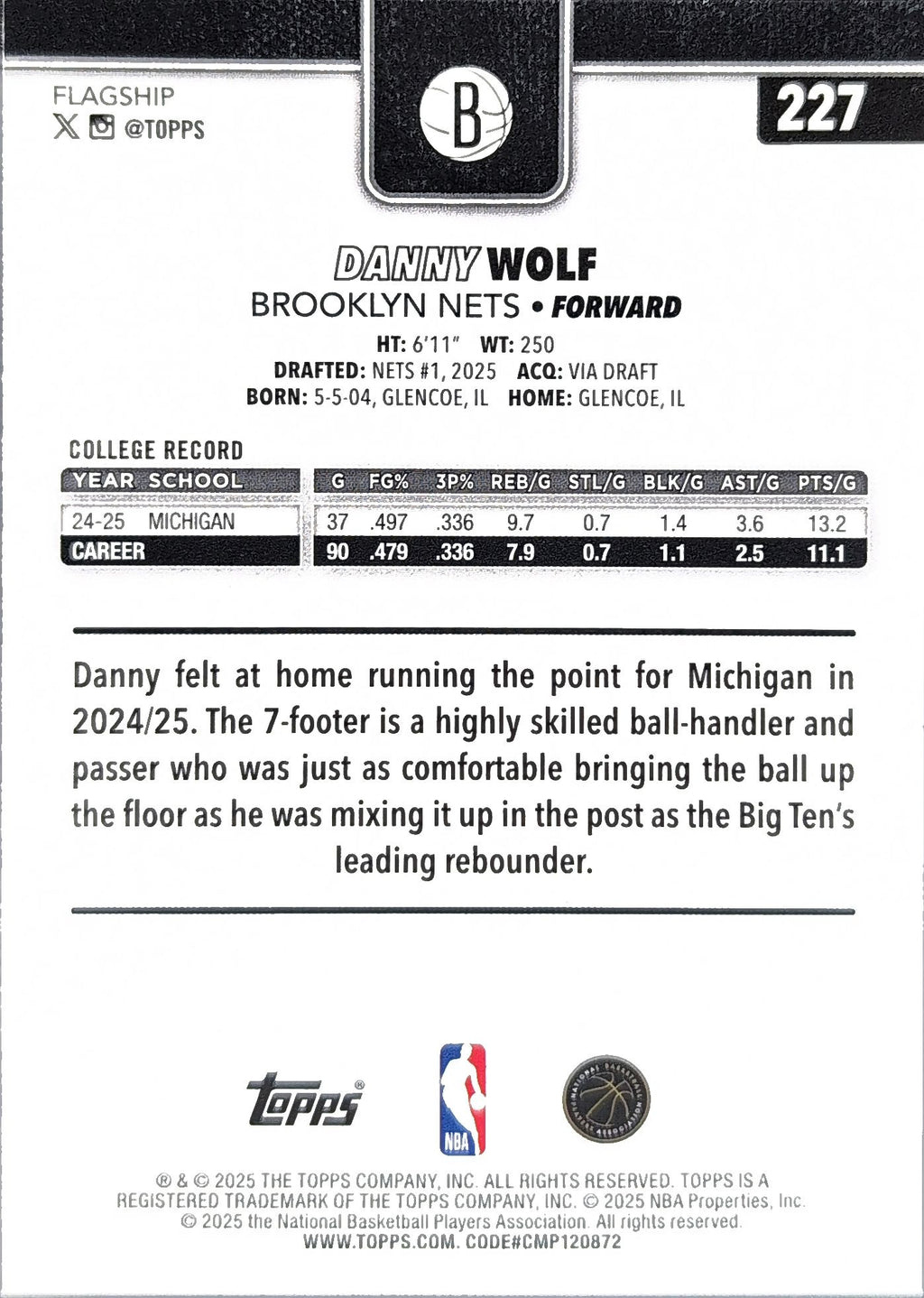2025-26 Topps Danny Wolf #227 Rainbow Foilboard RC Brooklyn Nets back