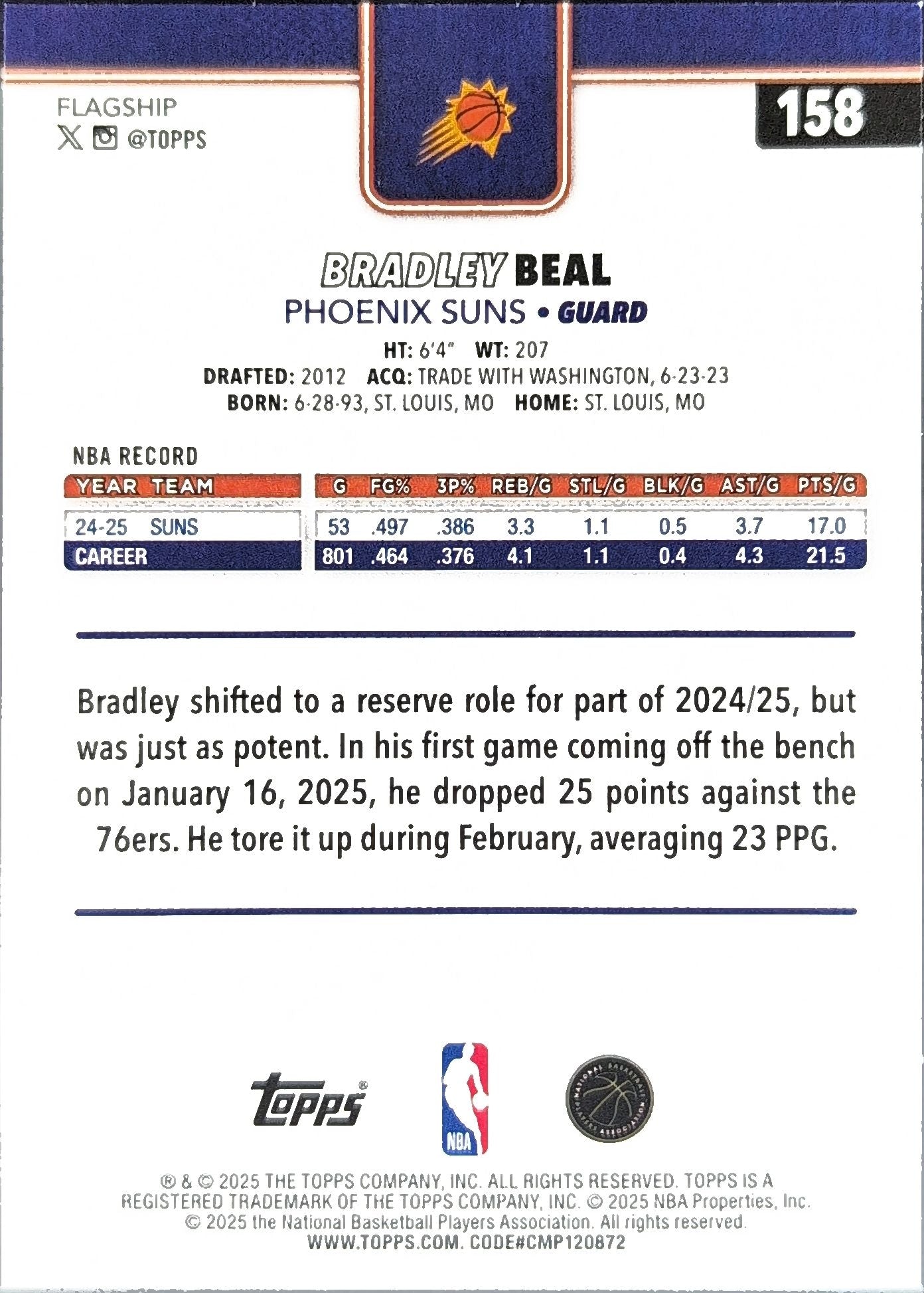 2025-26 Topps Bradley Beal #158 Phoenix Suns back