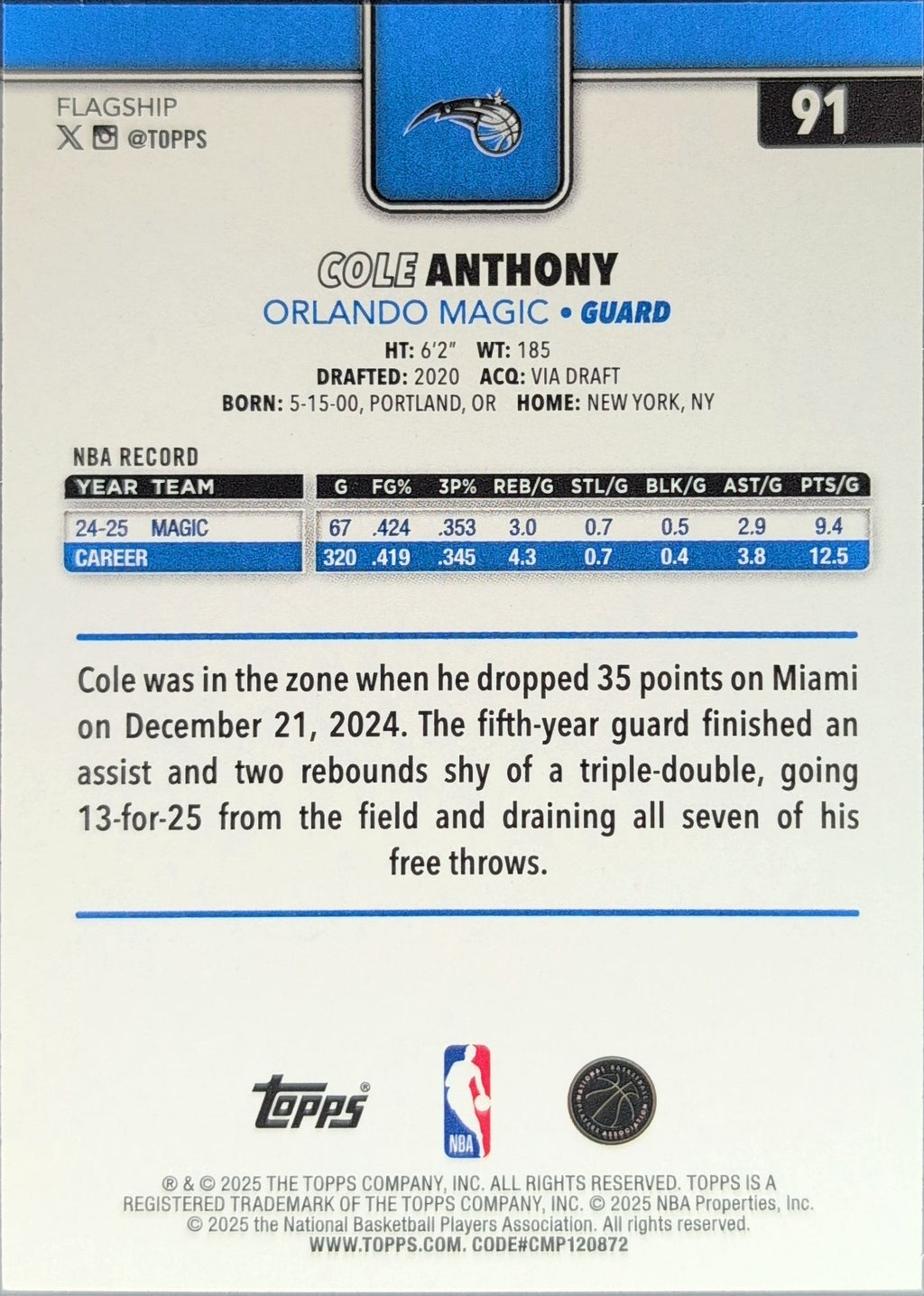 2025-26 Topps Cole Anthony #91 Orlando Magic back