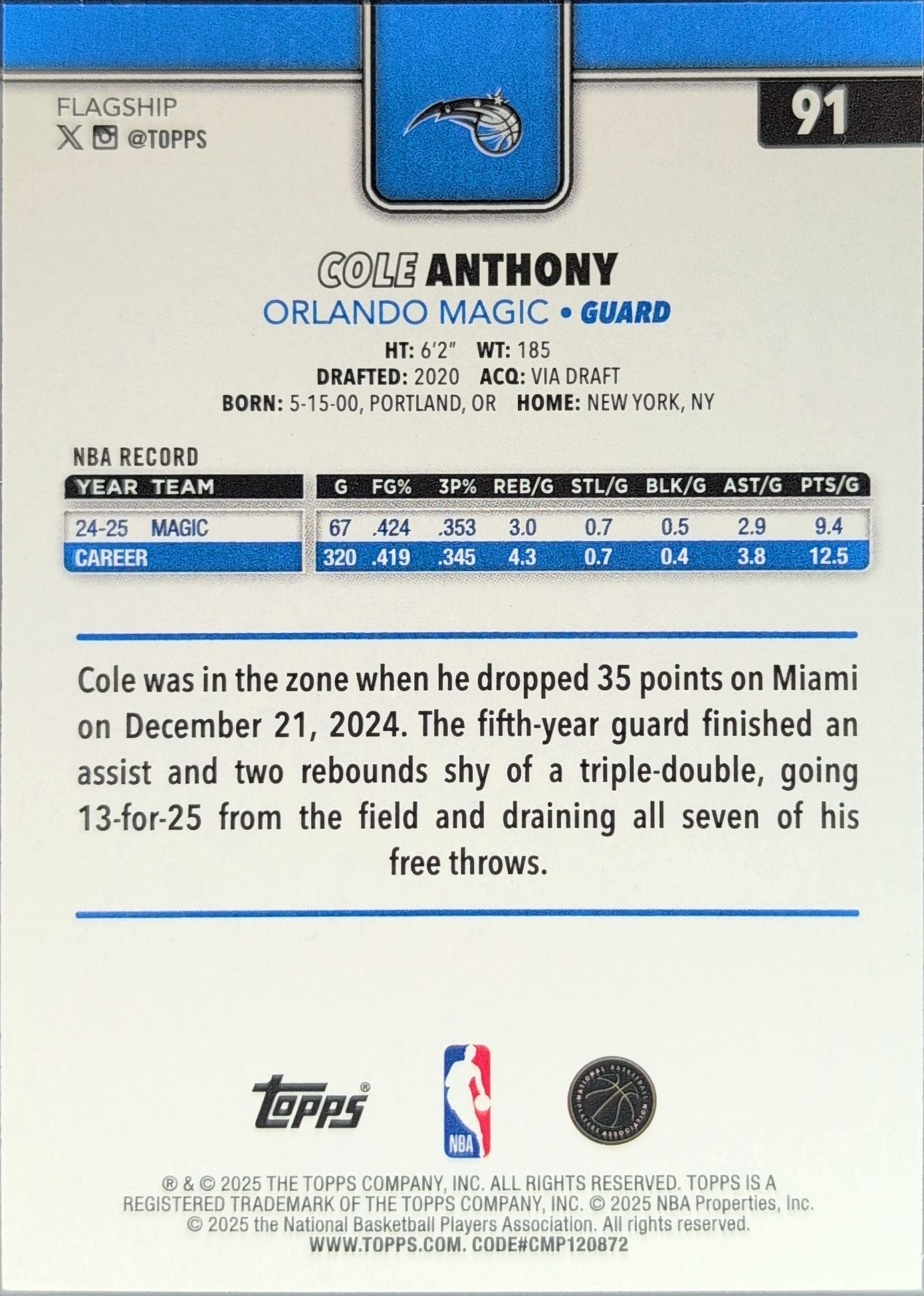 2025-26 Topps Cole Anthony #91 Orlando Magic back