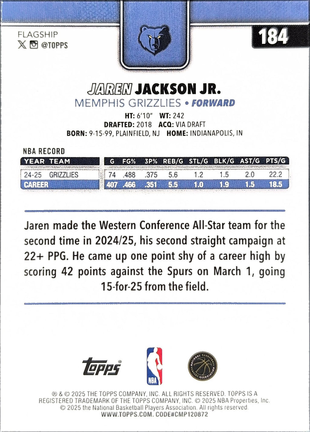 2025-26 Topps Jaren Jackson Jr. #184 Memphis Grizzlies back