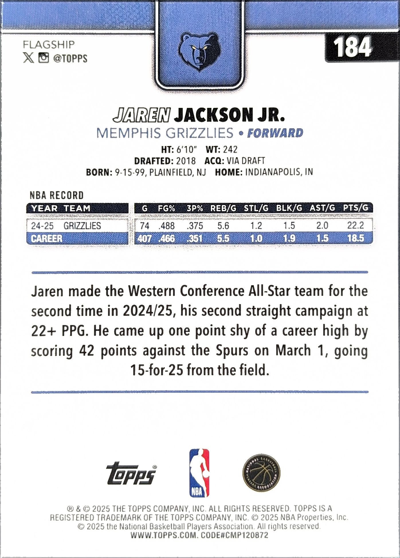 2025-26 Topps Jaren Jackson Jr. #184 Memphis Grizzlies back