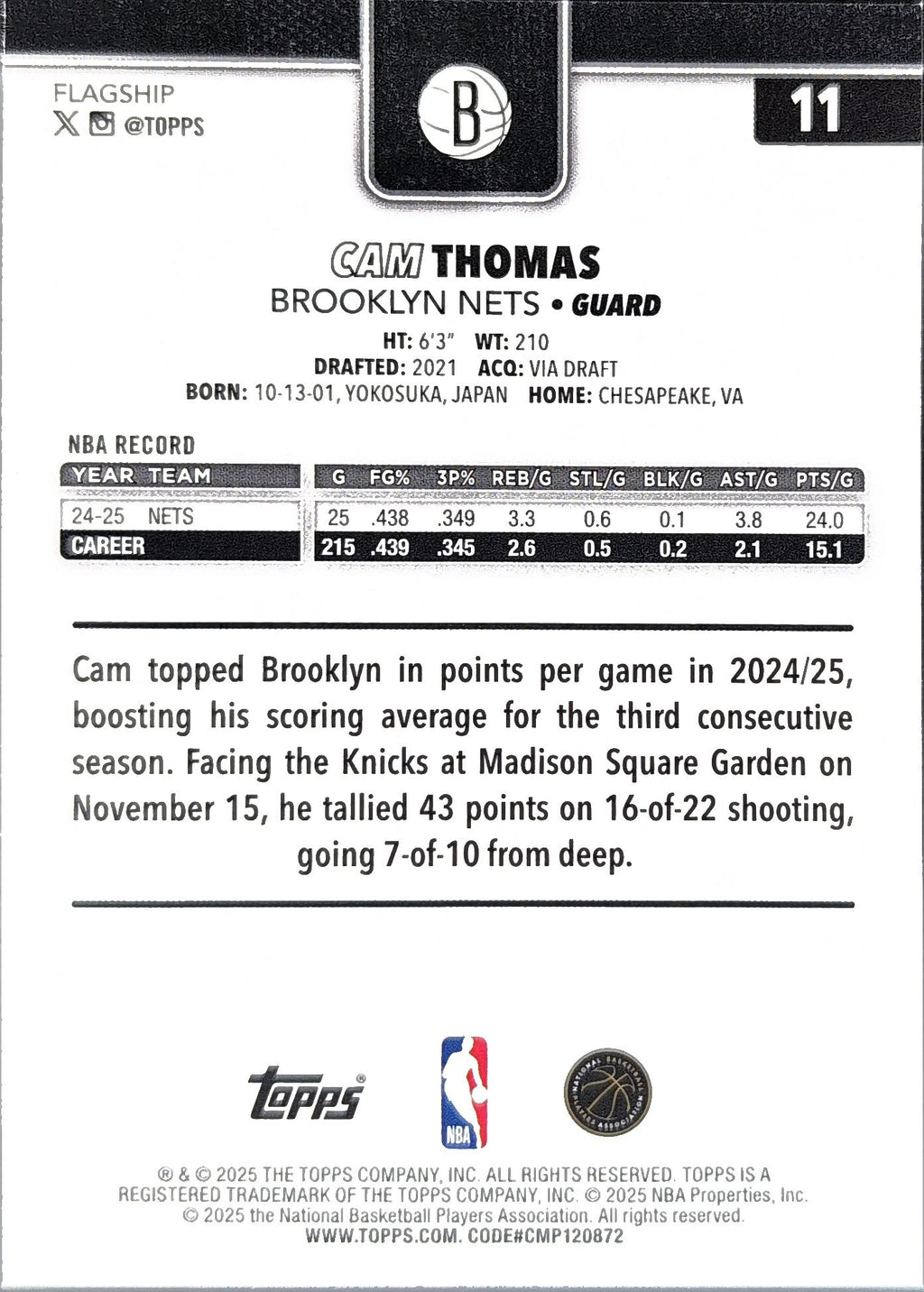 2025-26 Topps Cam Thomas #11 Brooklyn Nets back