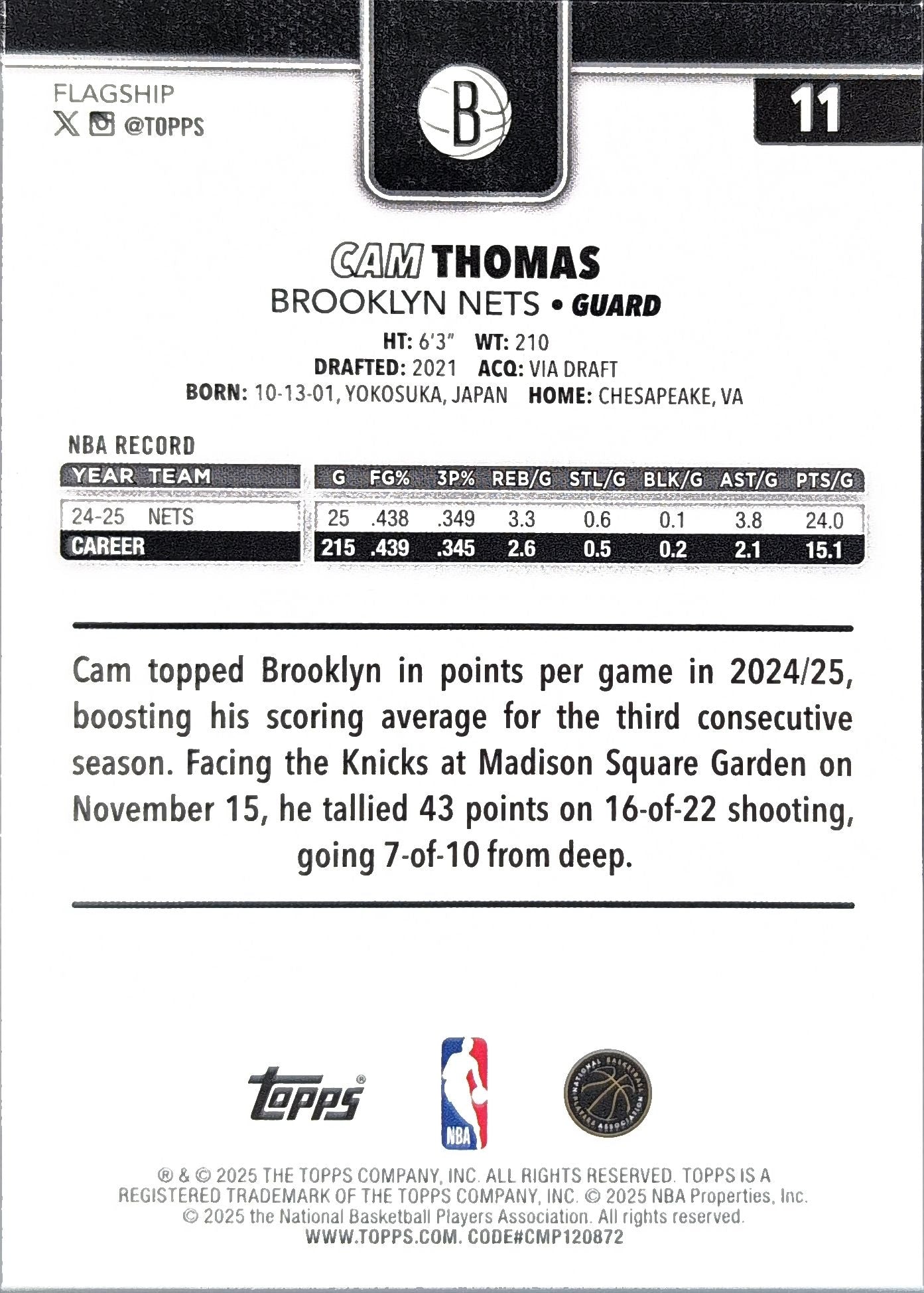 2025-26 Topps Cam Thomas #11 Brooklyn Nets back