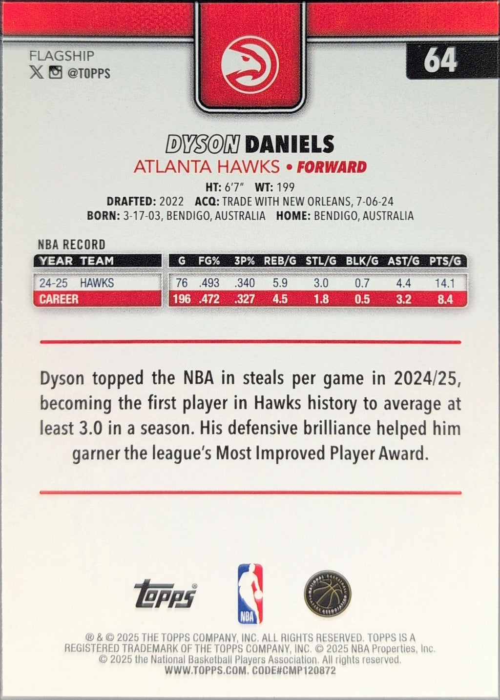 2025-26 Topps Dyson Daniels #64 Atlanta Hawks back