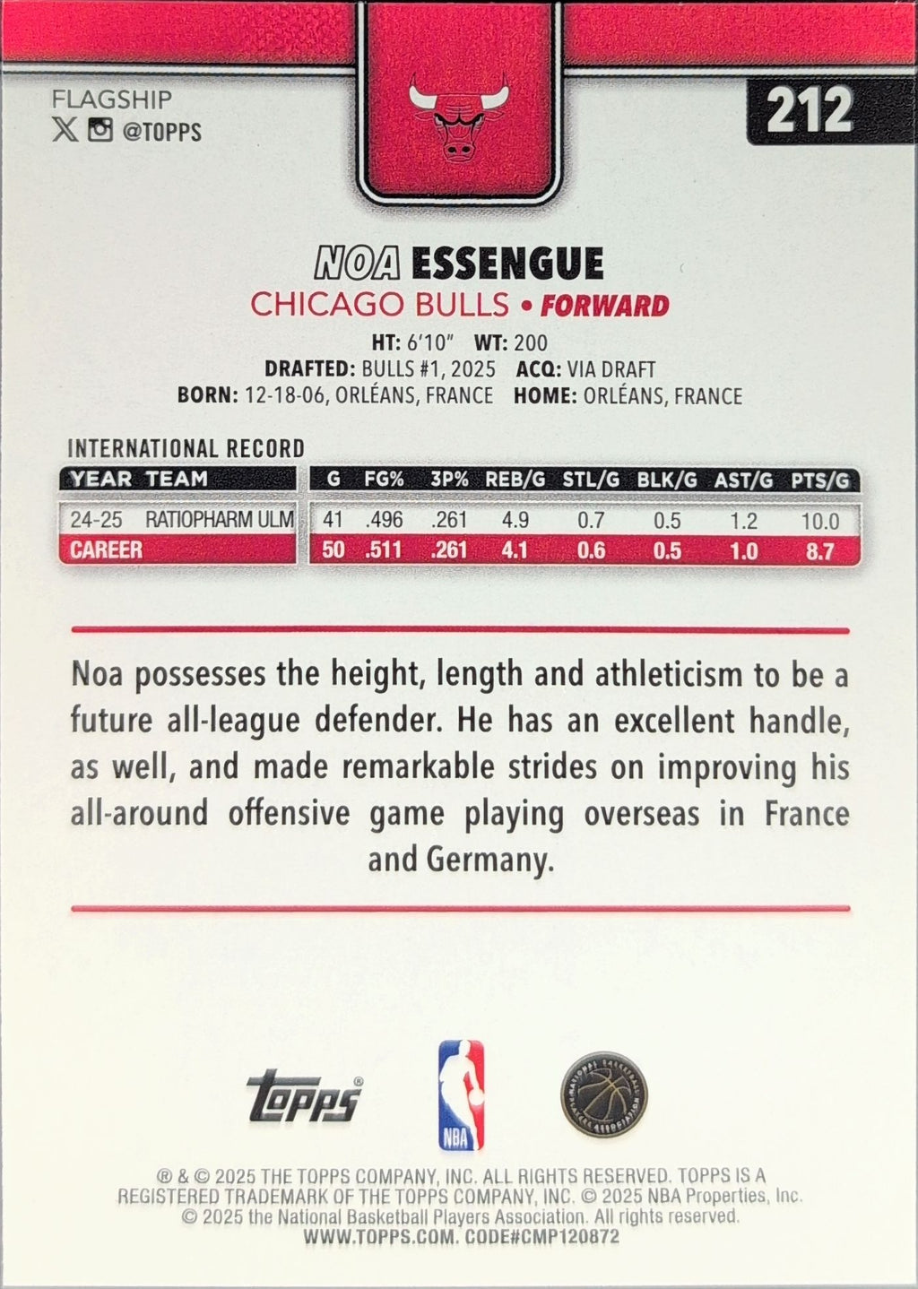 2025-26 Topps Noa Essengue #212 RC Chicago Bulls back