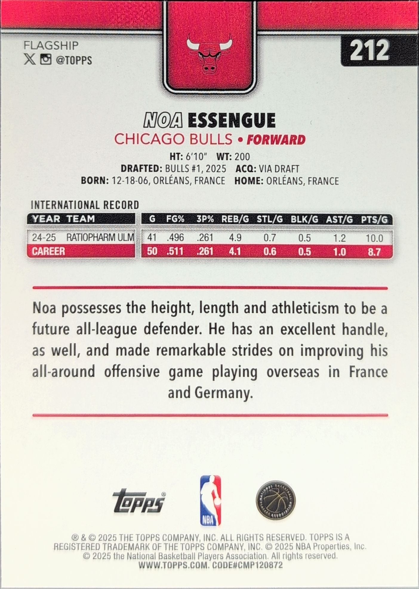 2025-26 Topps Noa Essengue #212 RC Chicago Bulls back