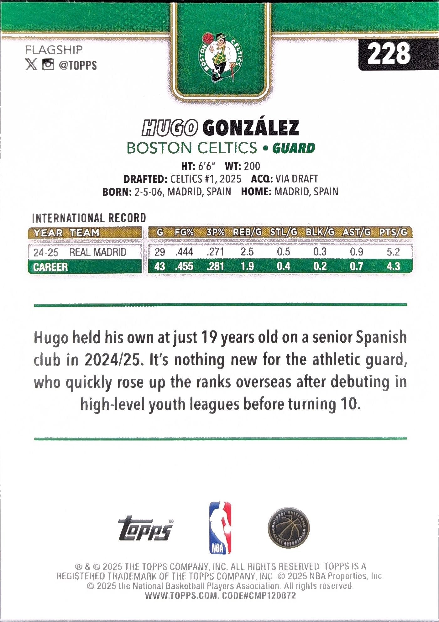 2025-26 Topps Hugo González #228 RC Boston Celtics back