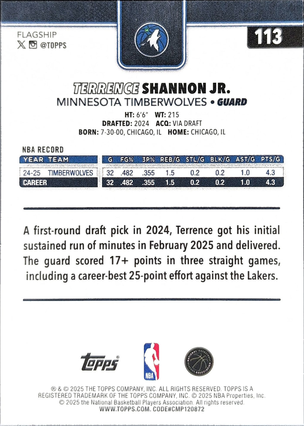 2025-26 Topps Terrence Shannon Jr. #113 Minnesota Timberwolves back