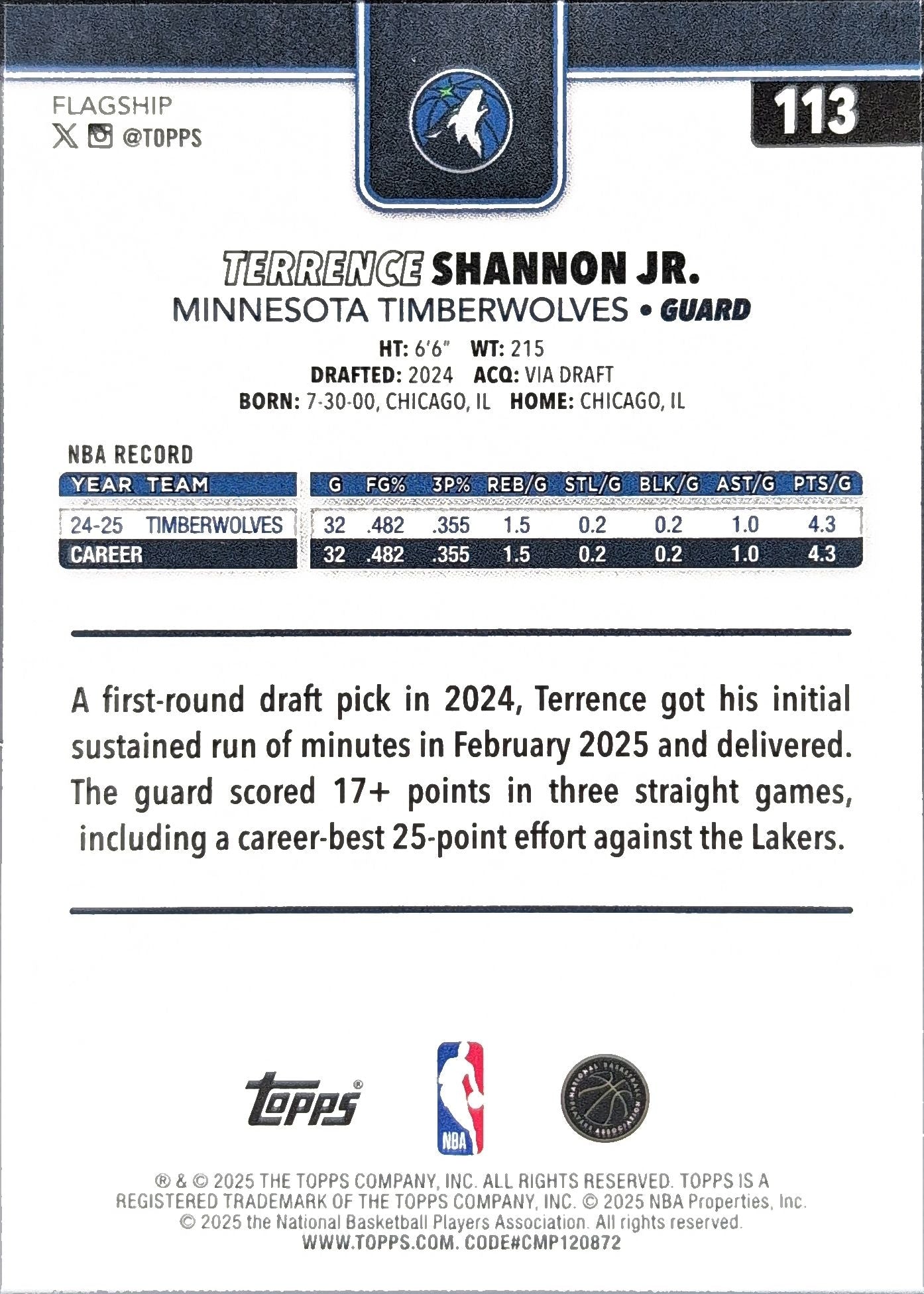 2025-26 Topps Terrence Shannon Jr. #113 Minnesota Timberwolves back