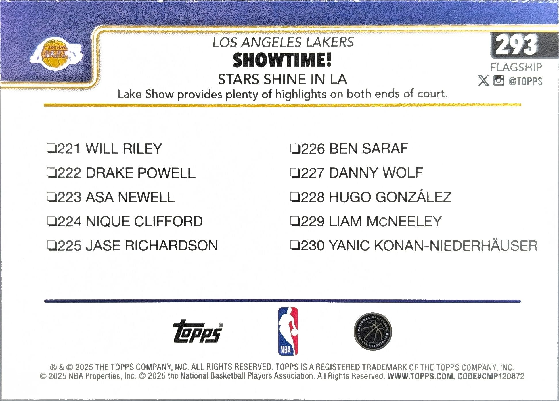 Showtime!: Stars Shine in LA 2025-26 Topps #293 Los Angeles Lakers