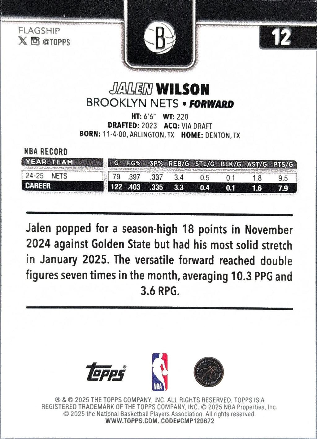 2025-26 Topps Jalen Wilson #12 Brooklyn Nets back