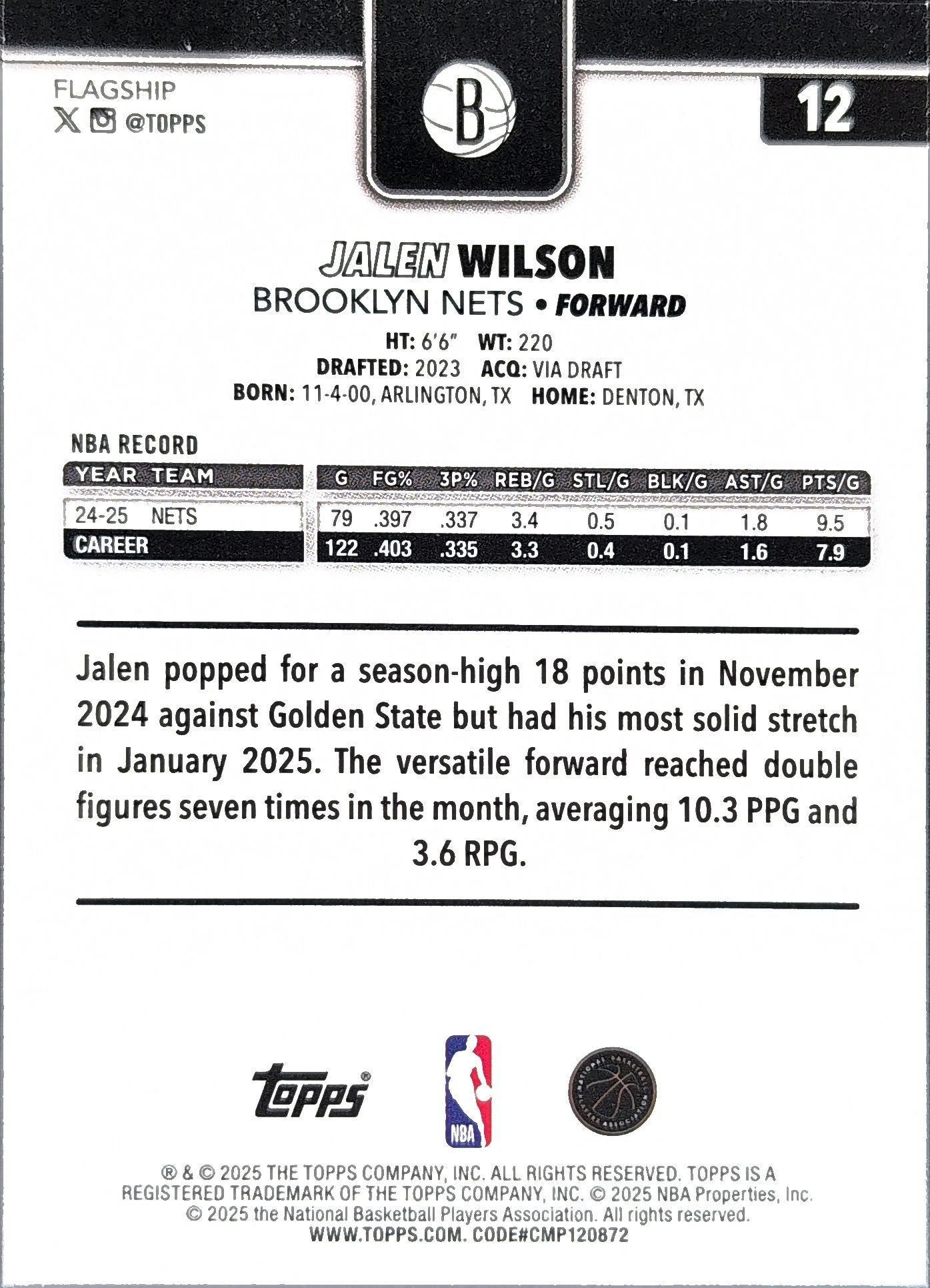 2025-26 Topps Jalen Wilson #12 Brooklyn Nets back