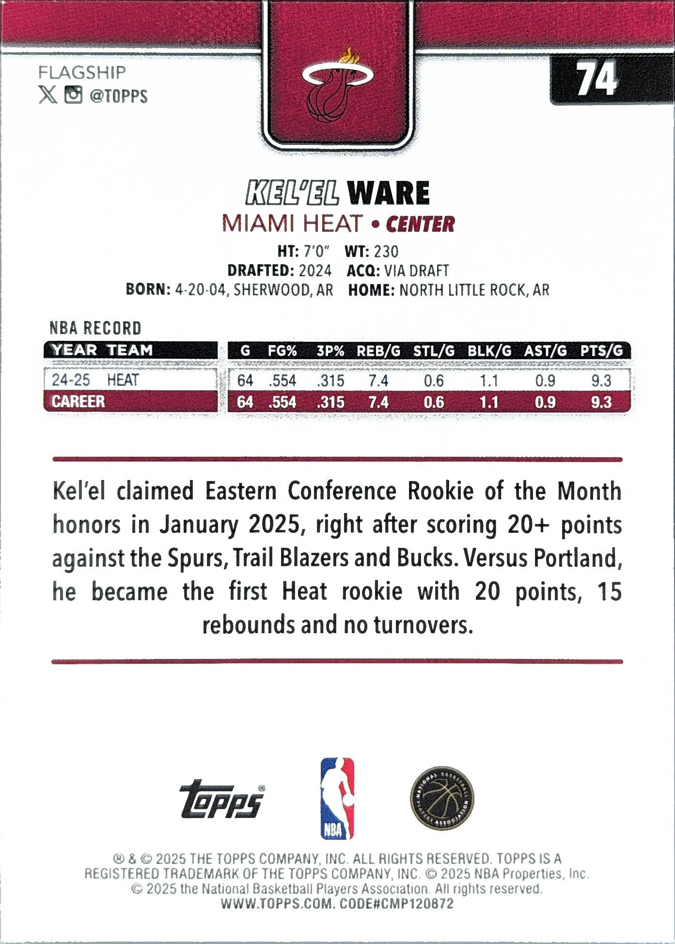 2025-26 Topps Kel'el Ware #74 Season Tip Off Miami Heat back