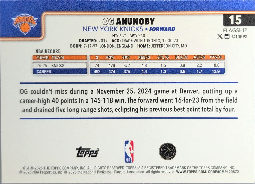 2025-26 Topps OG Anunoby #15 New York Knicks back