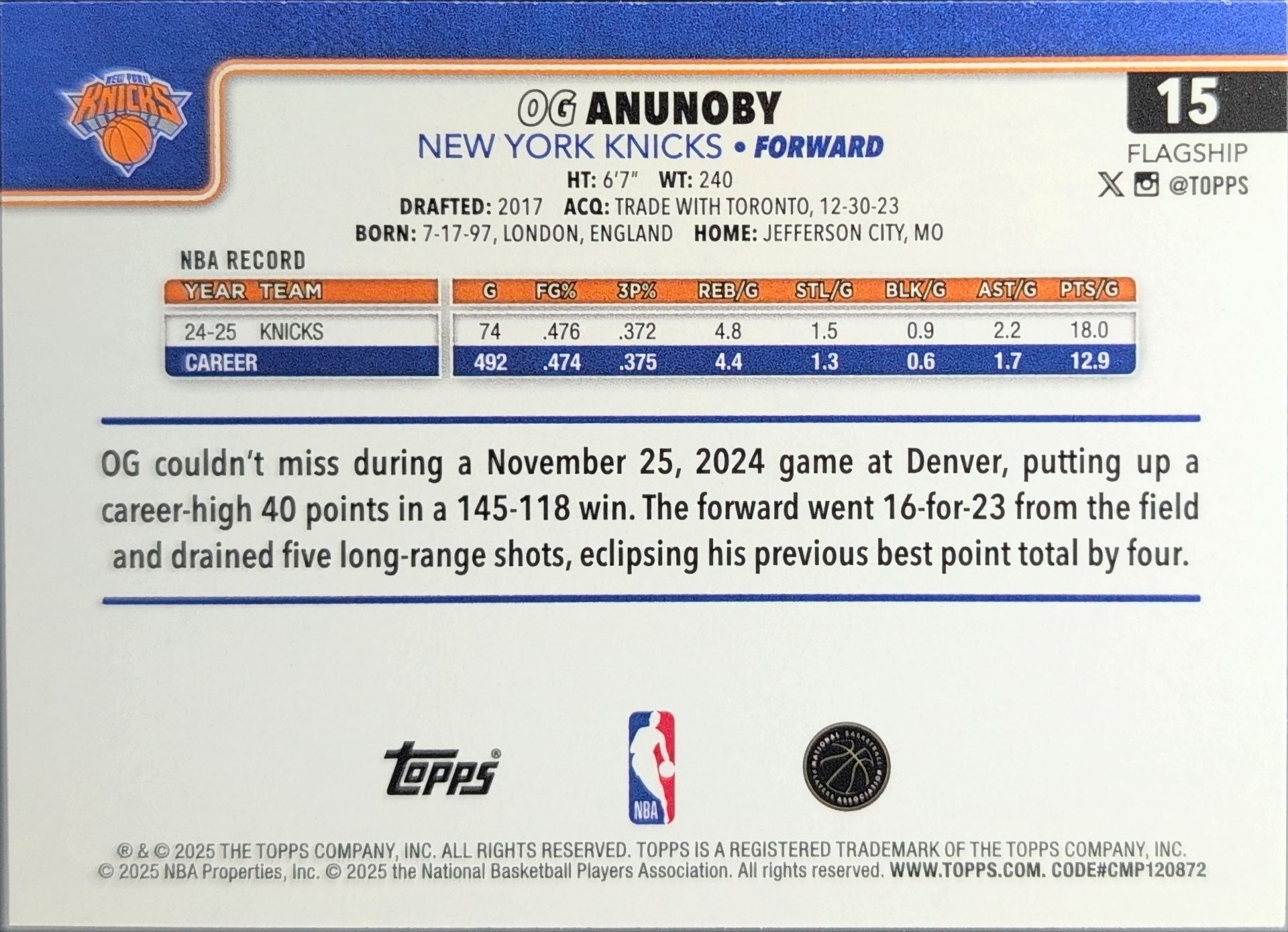 2025-26 Topps OG Anunoby #15 New York Knicks back