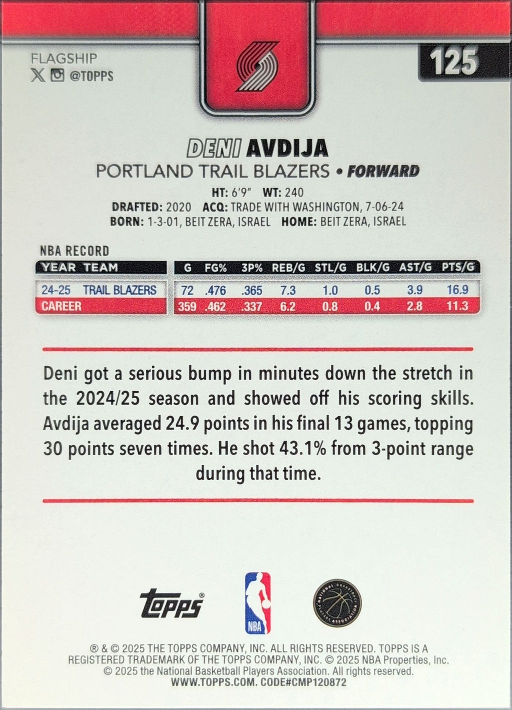 2025-26 Topps Deni Avdija #125 Portland Trail Blazers back