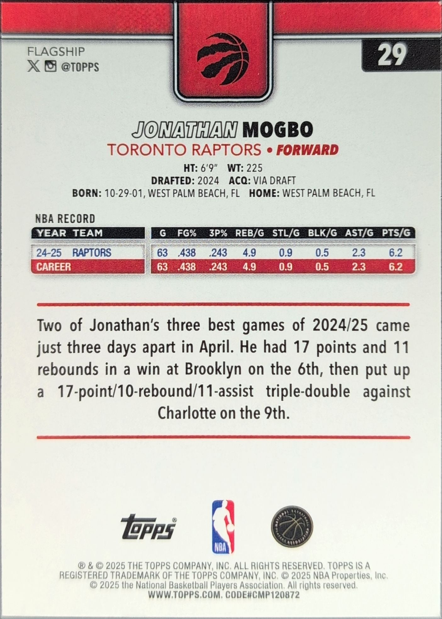 2025-26 Topps Jonathan Mogbo #29 Toronto Raptors back