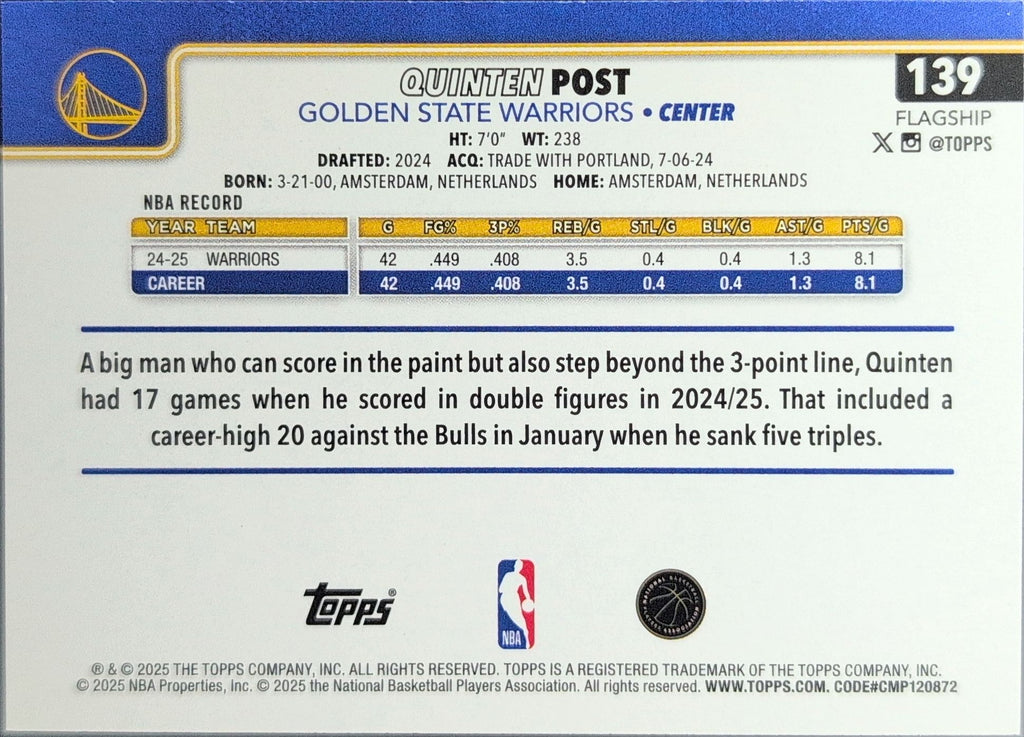 2025-26 Topps Quinten Post #139 Golden State Warriors back