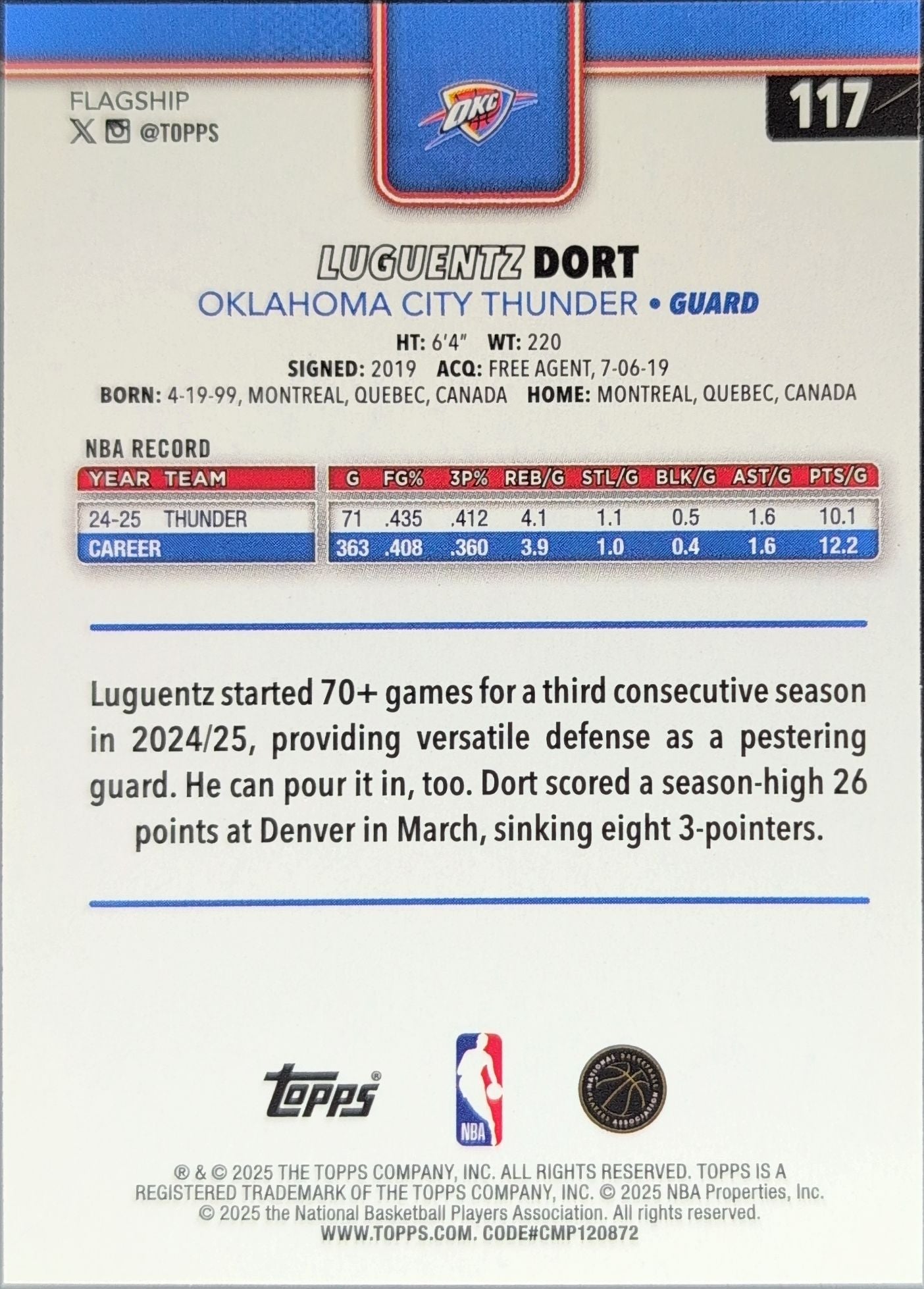 2025-26 Topps Luguentz Dort #117 Oklahoma City Thunder back