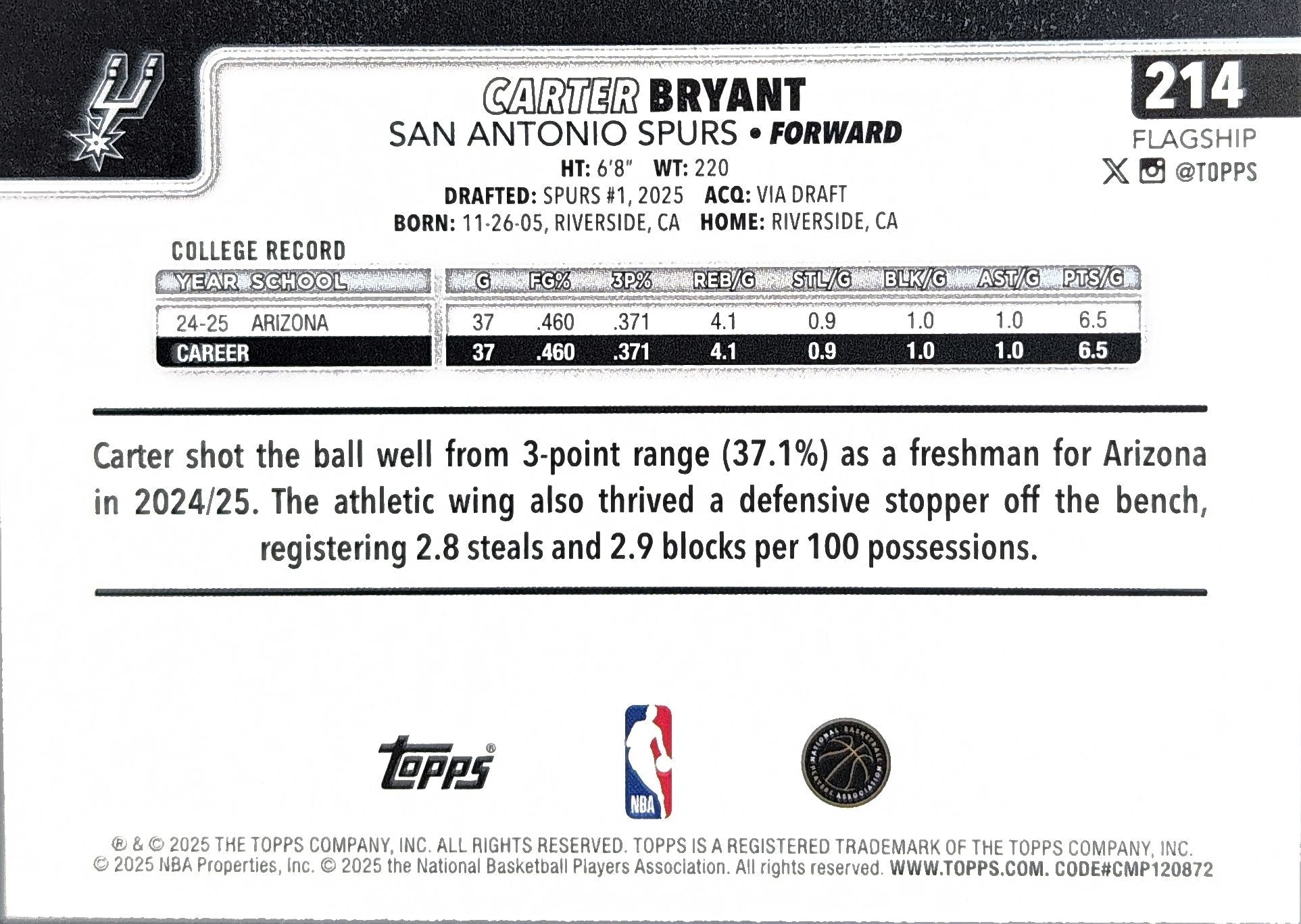 2025-26 Topps Carter Bryant #214 RC San Antonio Spurs back