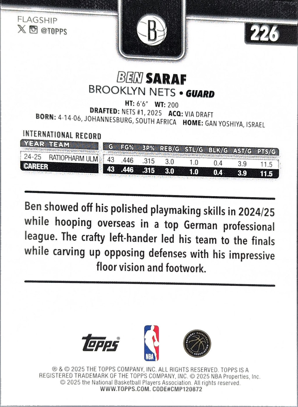 2025-26 Topps Ben Saraf #226 First Card SN,RC Brooklyn Nets back