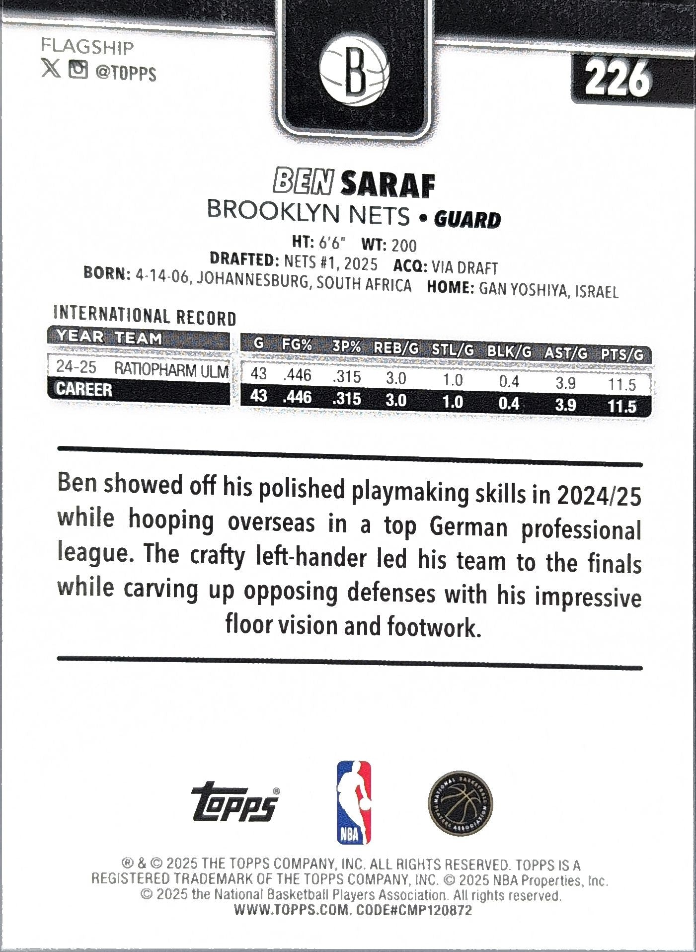 2025-26 Topps Ben Saraf #226 First Card SN,RC Brooklyn Nets back