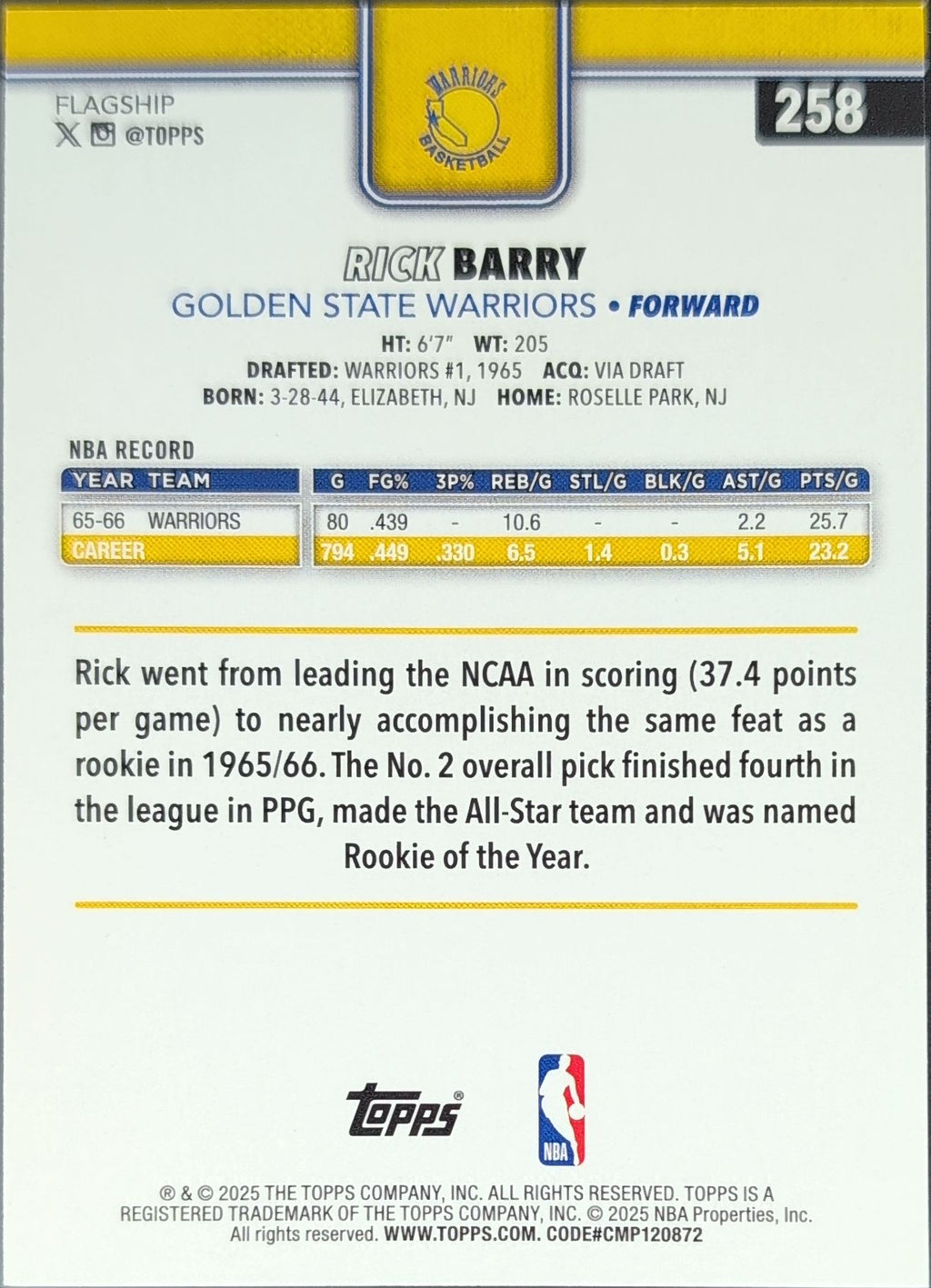 2025-26 Topps Rick Barry #258 Golden State Warriors back