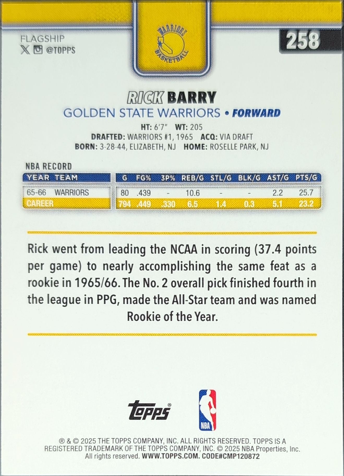 2025-26 Topps Rick Barry #258 Golden State Warriors back