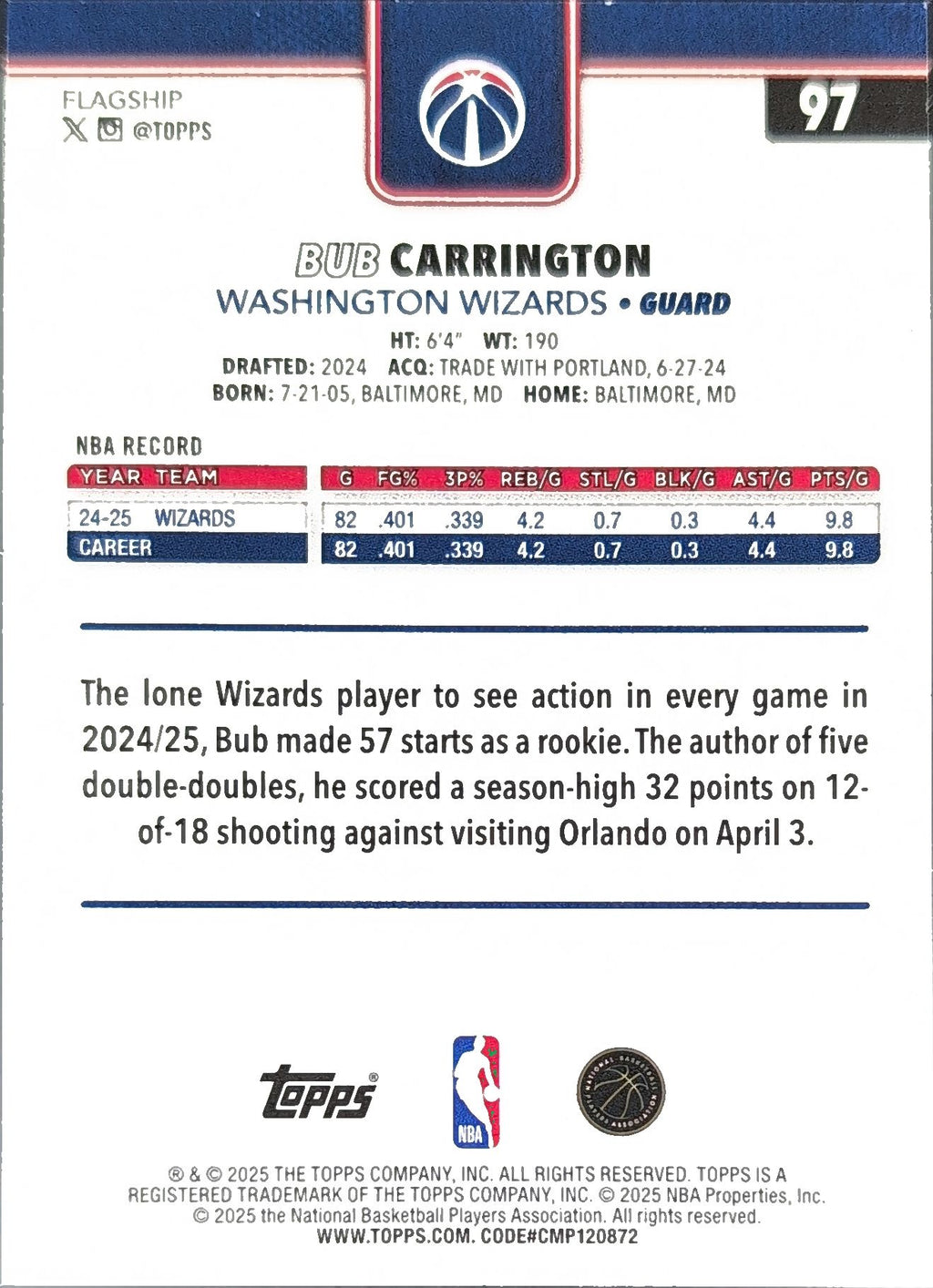 2025-26 Topps Bub Carrington #97 Washington Wizards back