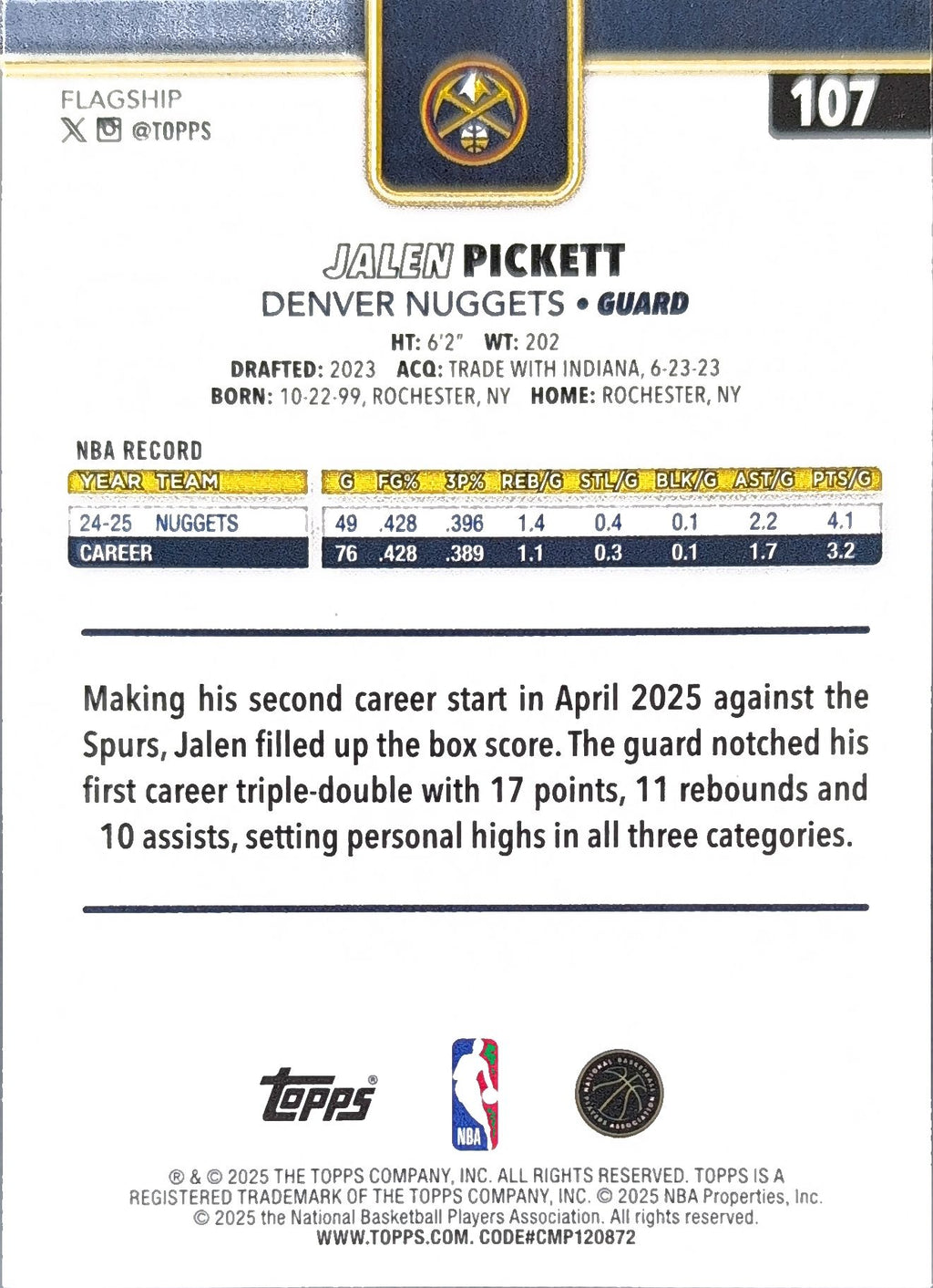 2025-26 Topps Jalen Pickett #107 Rainbow Foilboard Denver Nuggets back